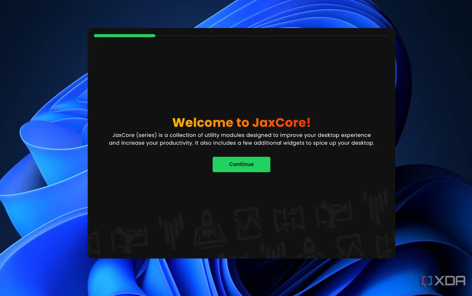 Giao diện màn hình chào mừng của JaxCore khi cài đặt công cụ tùy biến Windows 11
