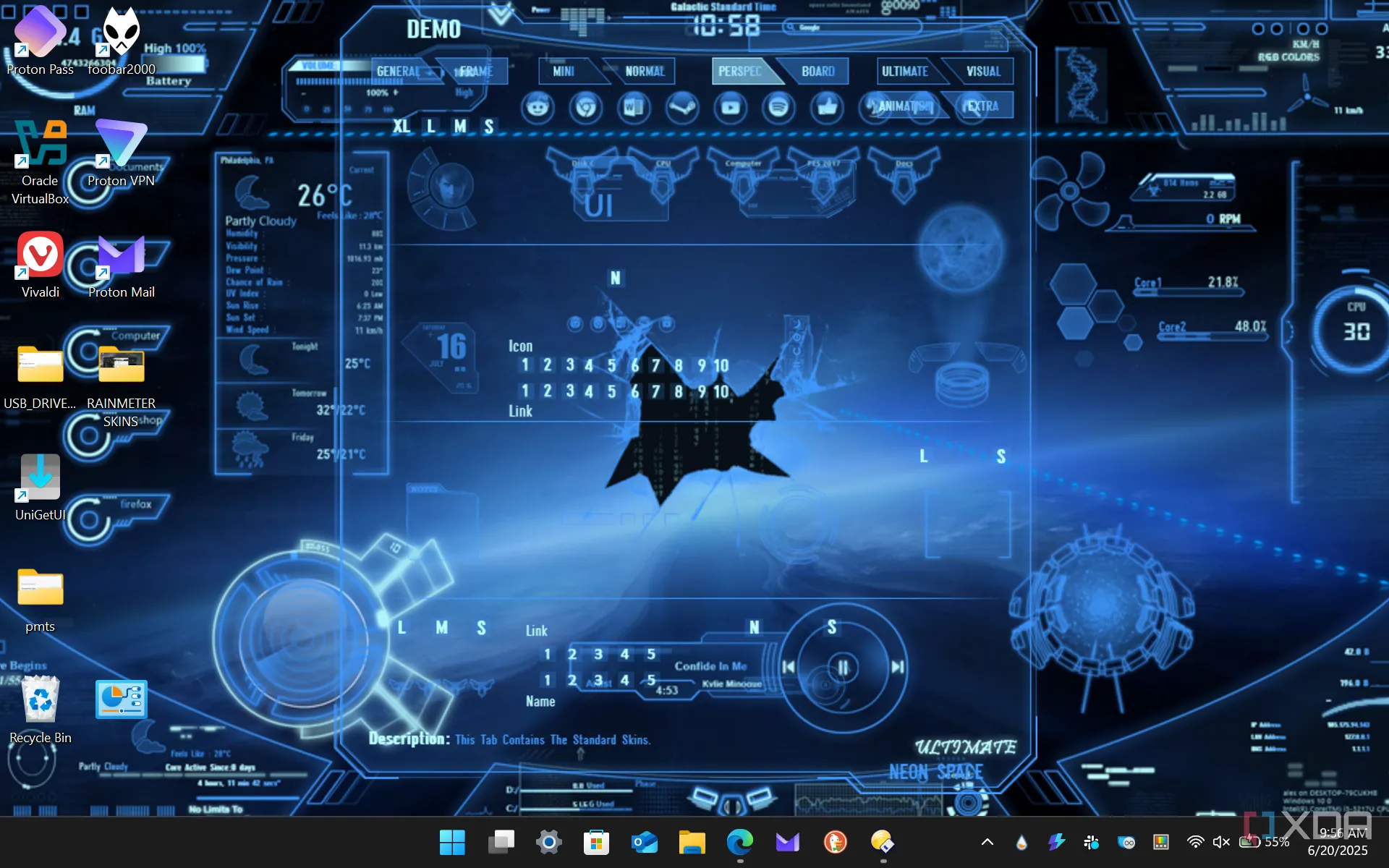 Giao diện máy tính Windows với skin Rainmeter Neon Space được cài đặt