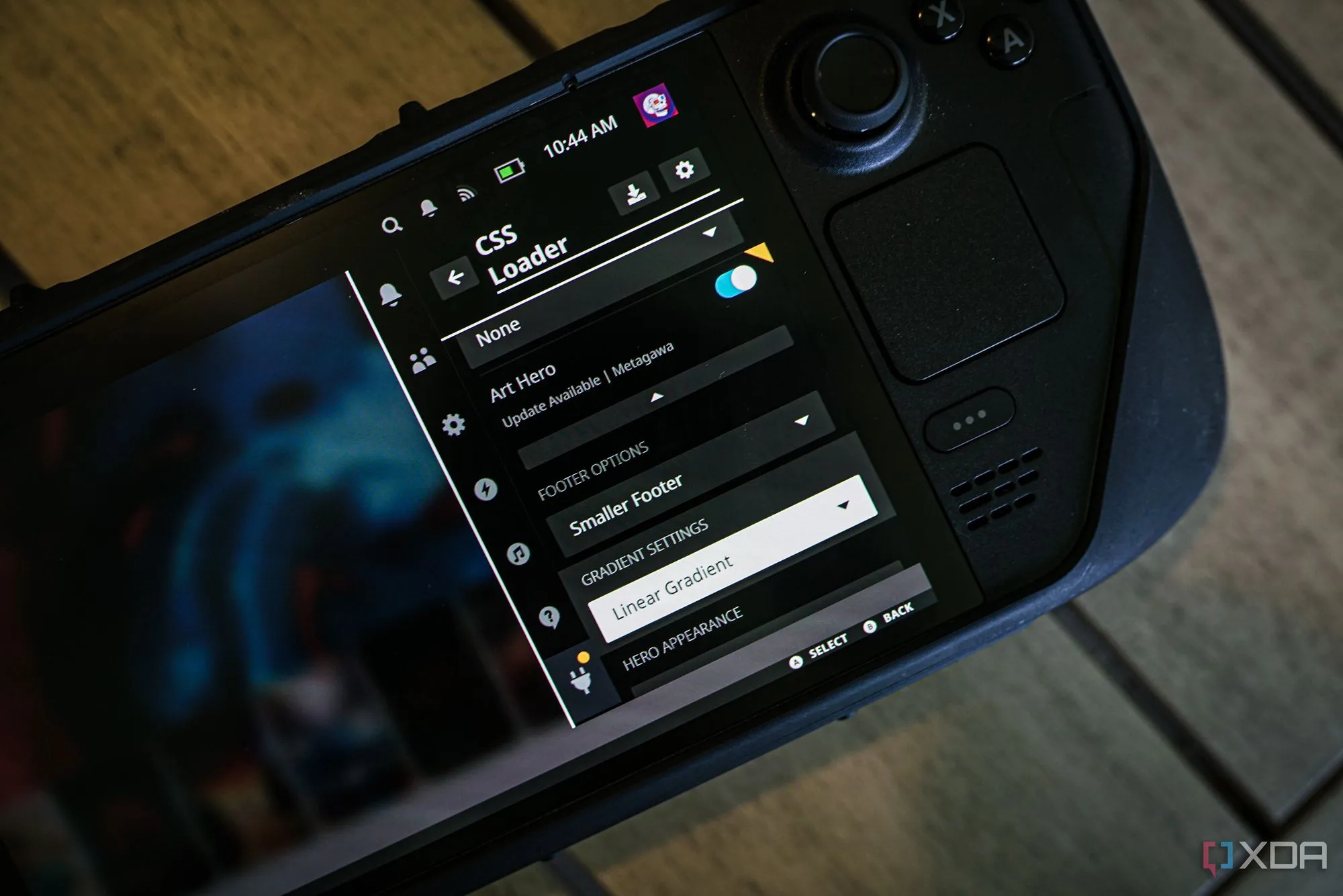 Giao diện menu CSS Loader trên Steam Deck hiển thị các tùy chọn cài đặt và duyệt theme.