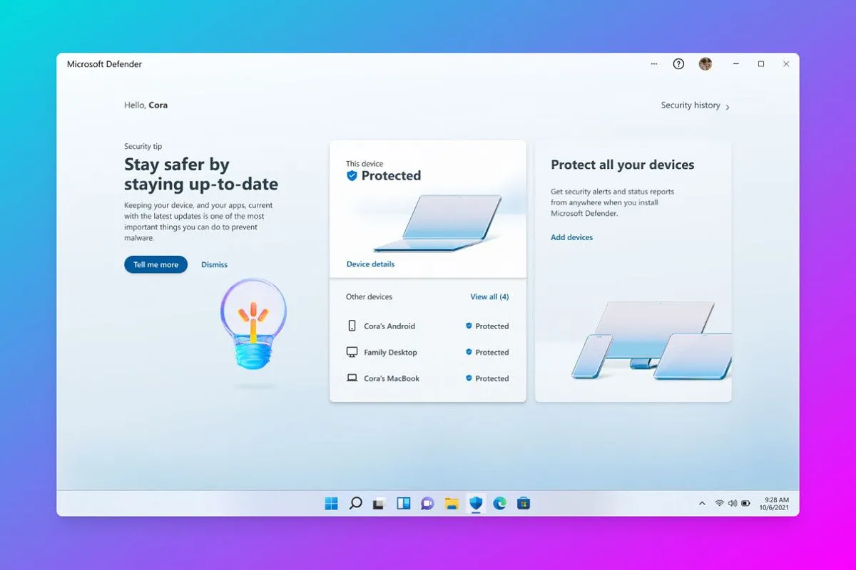 Giao diện Microsoft Defender Antivirus với biểu tượng lá chắn xanh, minh họa khả năng bảo vệ hệ thống được tăng cường sau khi cập nhật các nhị phân phần mềm mới cho các bản cài đặt Windows từ ISO cũ.
