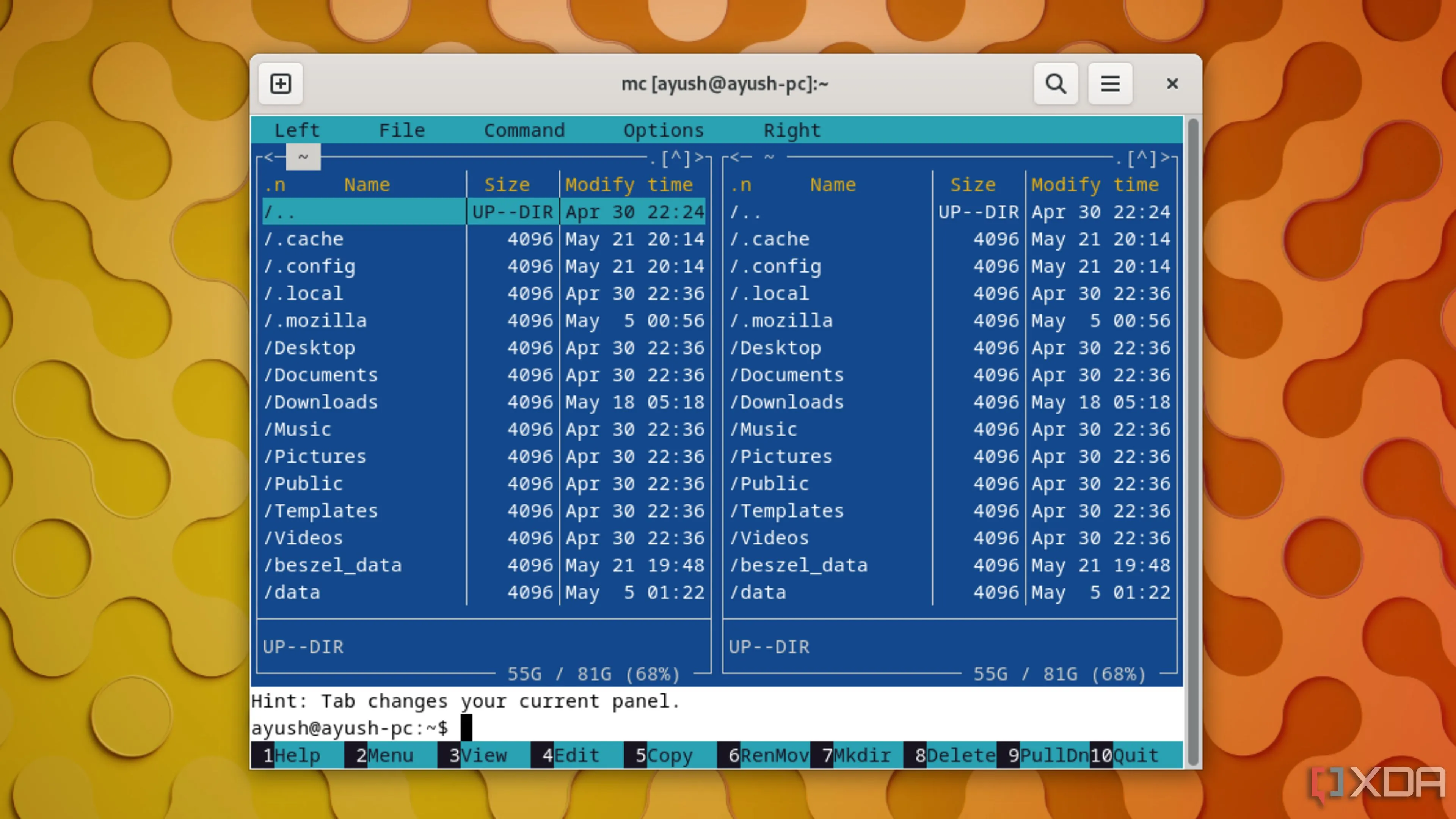 Giao diện Midnight Commander trên Linux với hai khung hiển thị thư mục