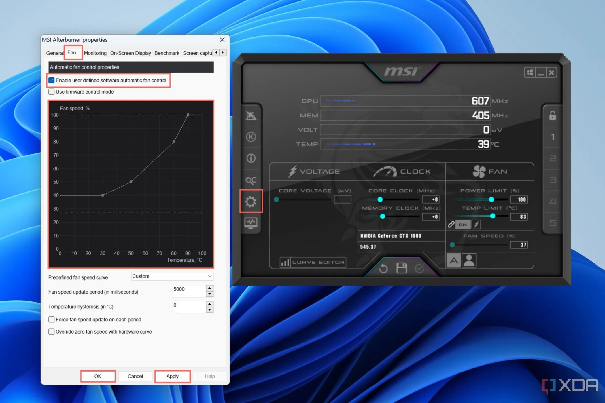 Giao diện MSI Afterburner hiển thị tab Fan để điều chỉnh đường cong quạt GPU