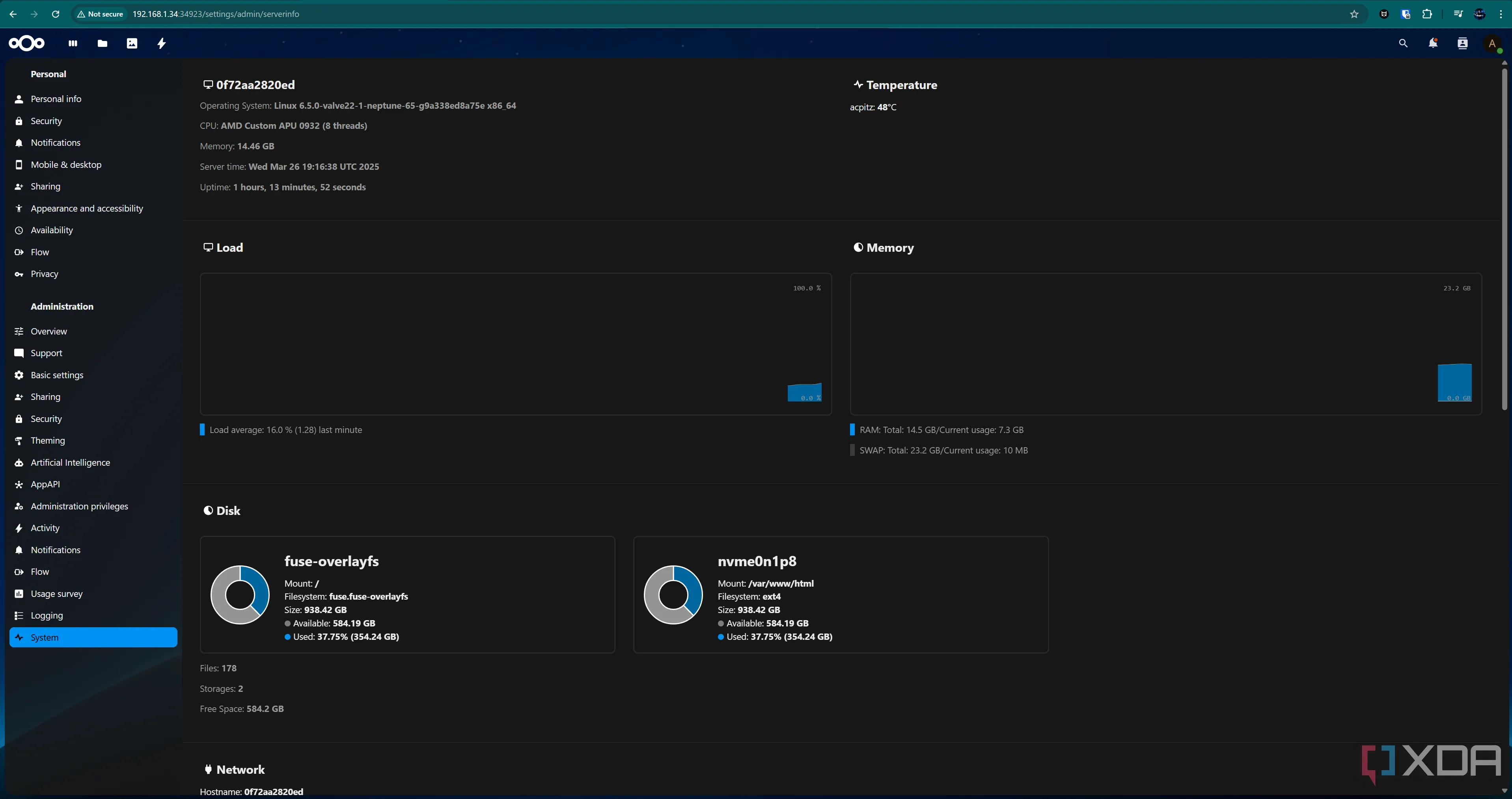 Giao diện Nextcloud đang chạy trên Steam Deck thông qua Podman, hiển thị hệ thống tệp và cài đặt.