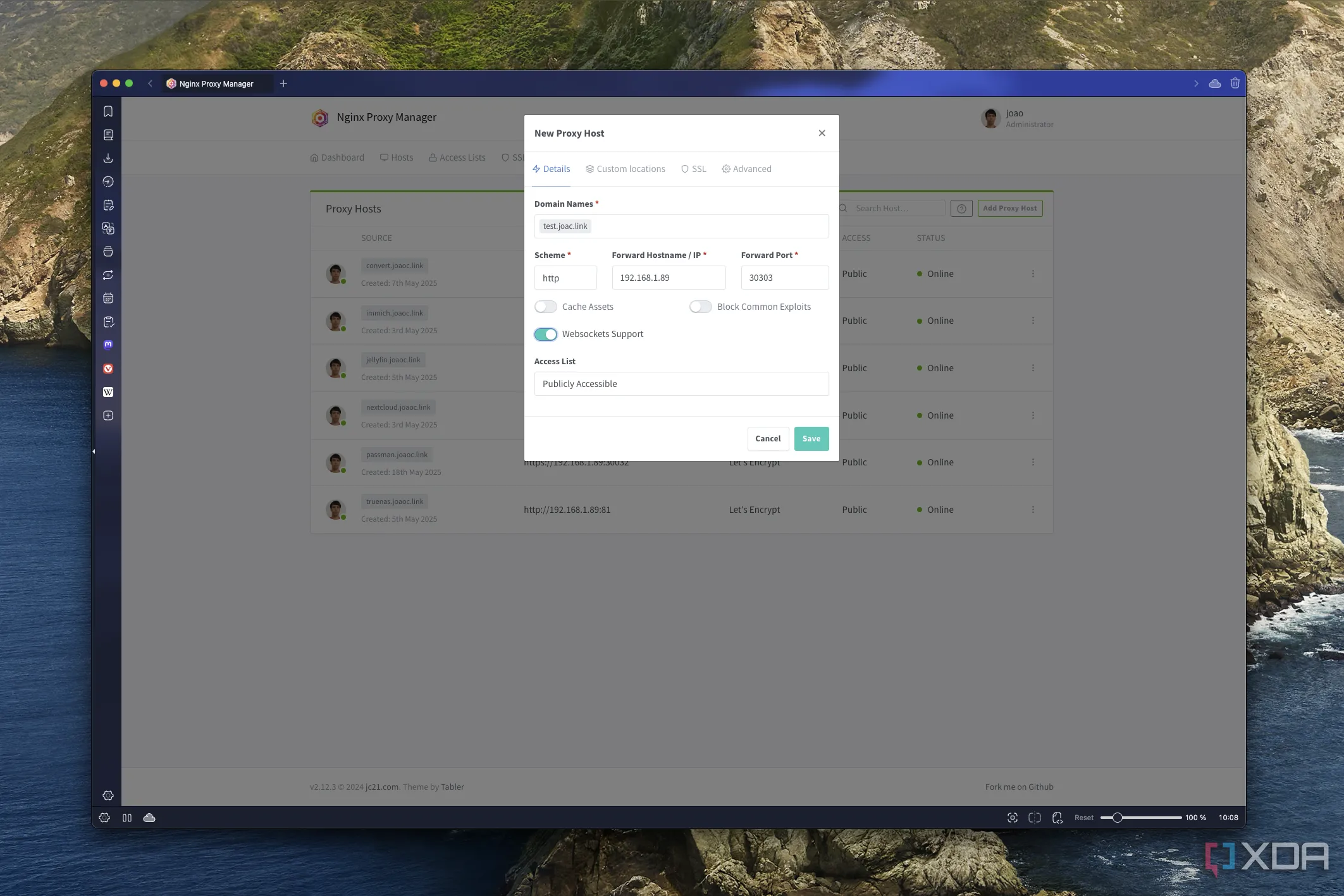 Giao diện Nginx Proxy Manager khi tạo một proxy host mới, minh họa cấu hình định tuyến cho các dịch vụ tự lưu trữ.