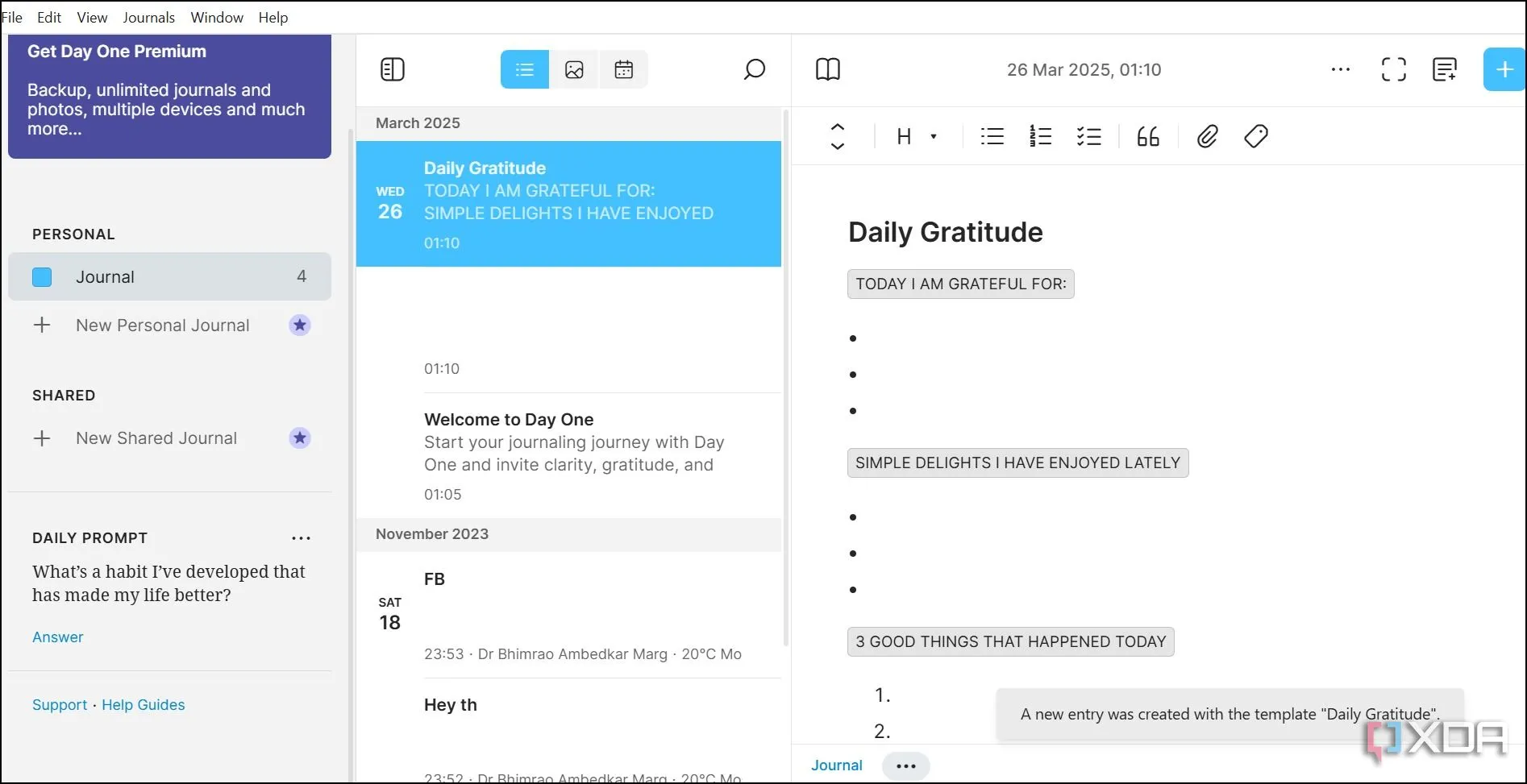 Giao diện người dùng (UI) tối giản và thanh lịch của ứng dụng Day One trên Windows.