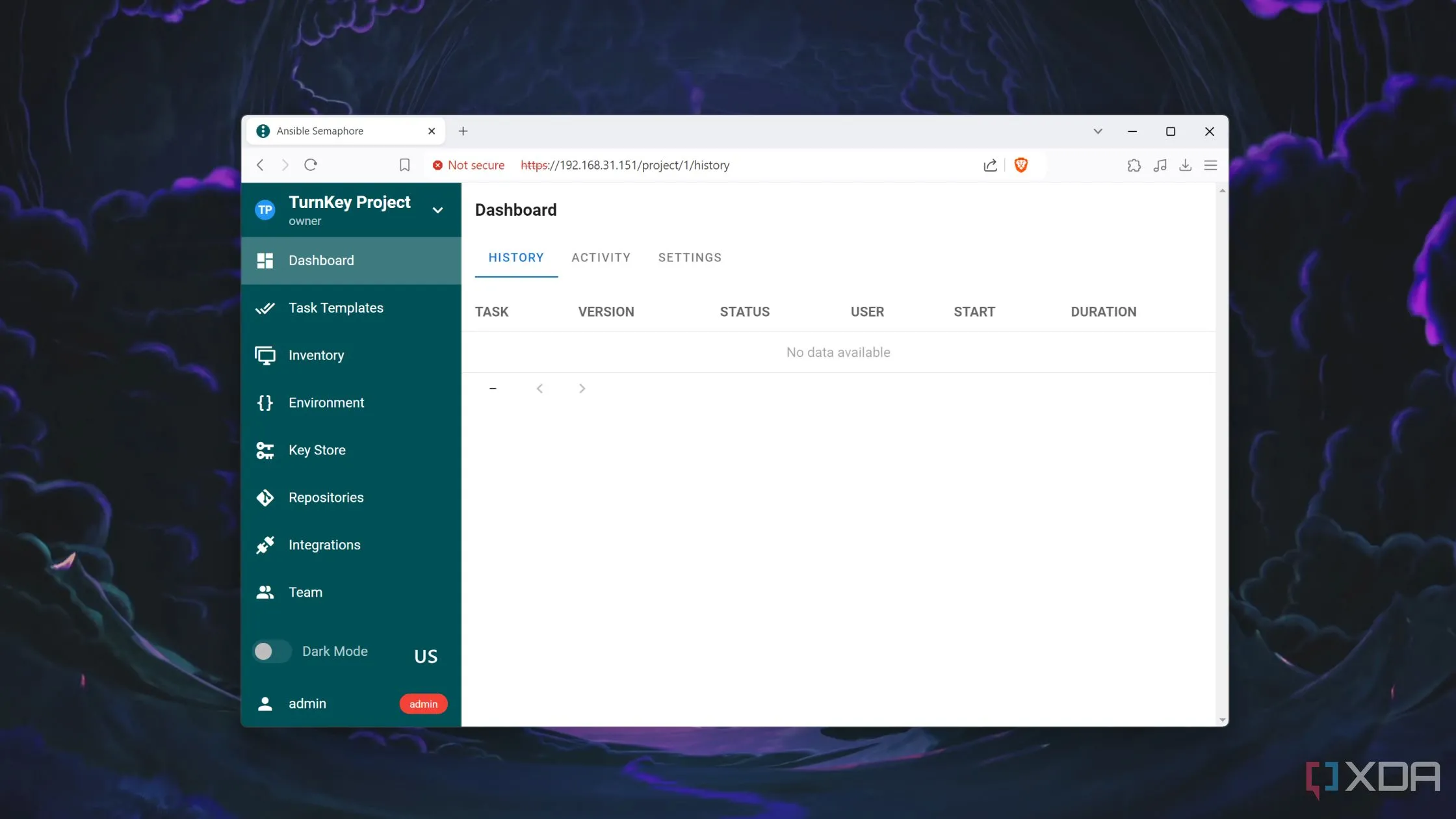 Giao diện người dùng web Semaphore cho Ansible, chạy dưới dạng container LXC trong Proxmox VE.