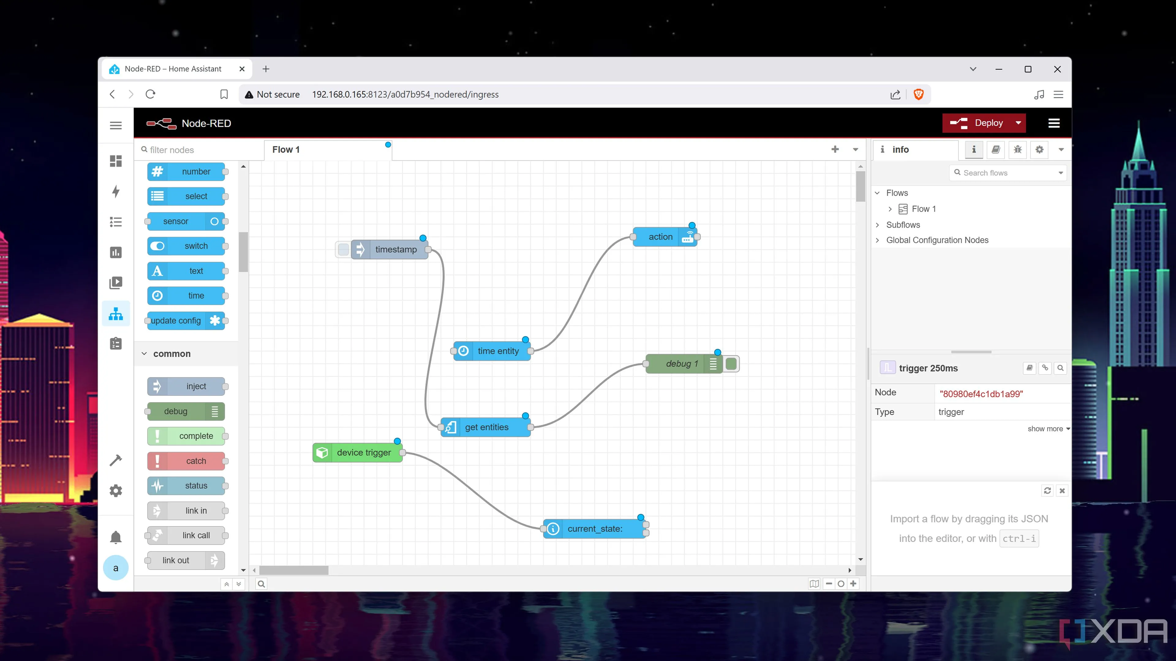 Giao diện người dùng web (UI) của Node-RED hiển thị các chuỗi node và luồng tự động hóa phức tạp giữa các thiết bị nhà thông minh.