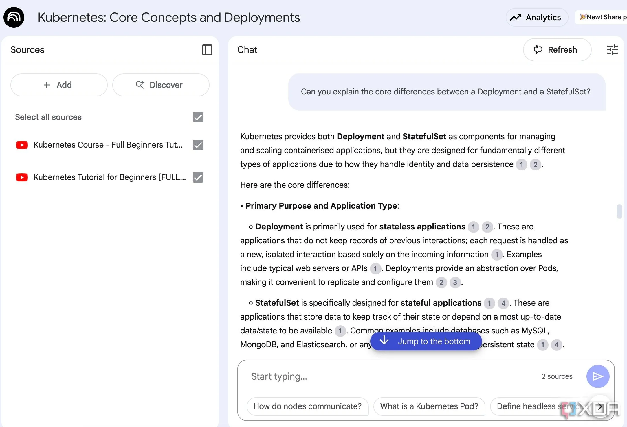 Giao diện NotebookLM đang phân tích và tóm tắt nội dung từ các video YouTube dài về Kubernetes, thể hiện khả năng xử lý thông tin đa phương tiện hiệu quả.