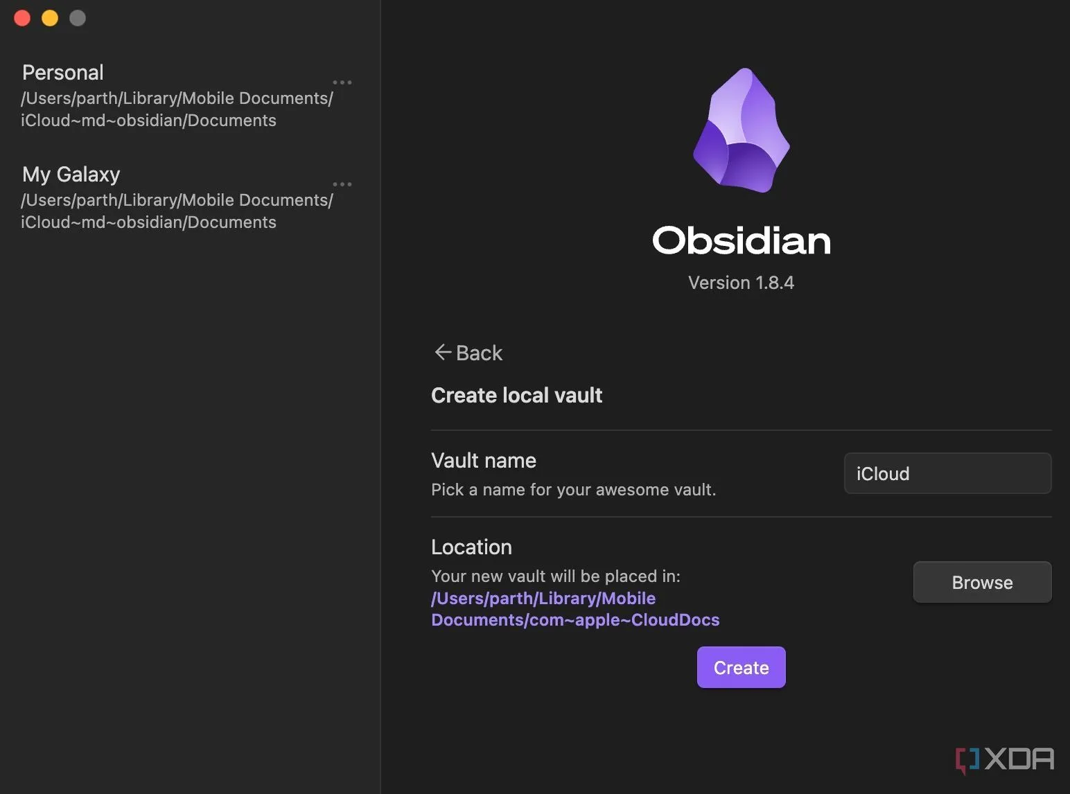 Giao diện Obsidian hiển thị thư mục iCloud được chọn, minh họa khả năng đồng bộ dữ liệu cục bộ an toàn với đám mây.