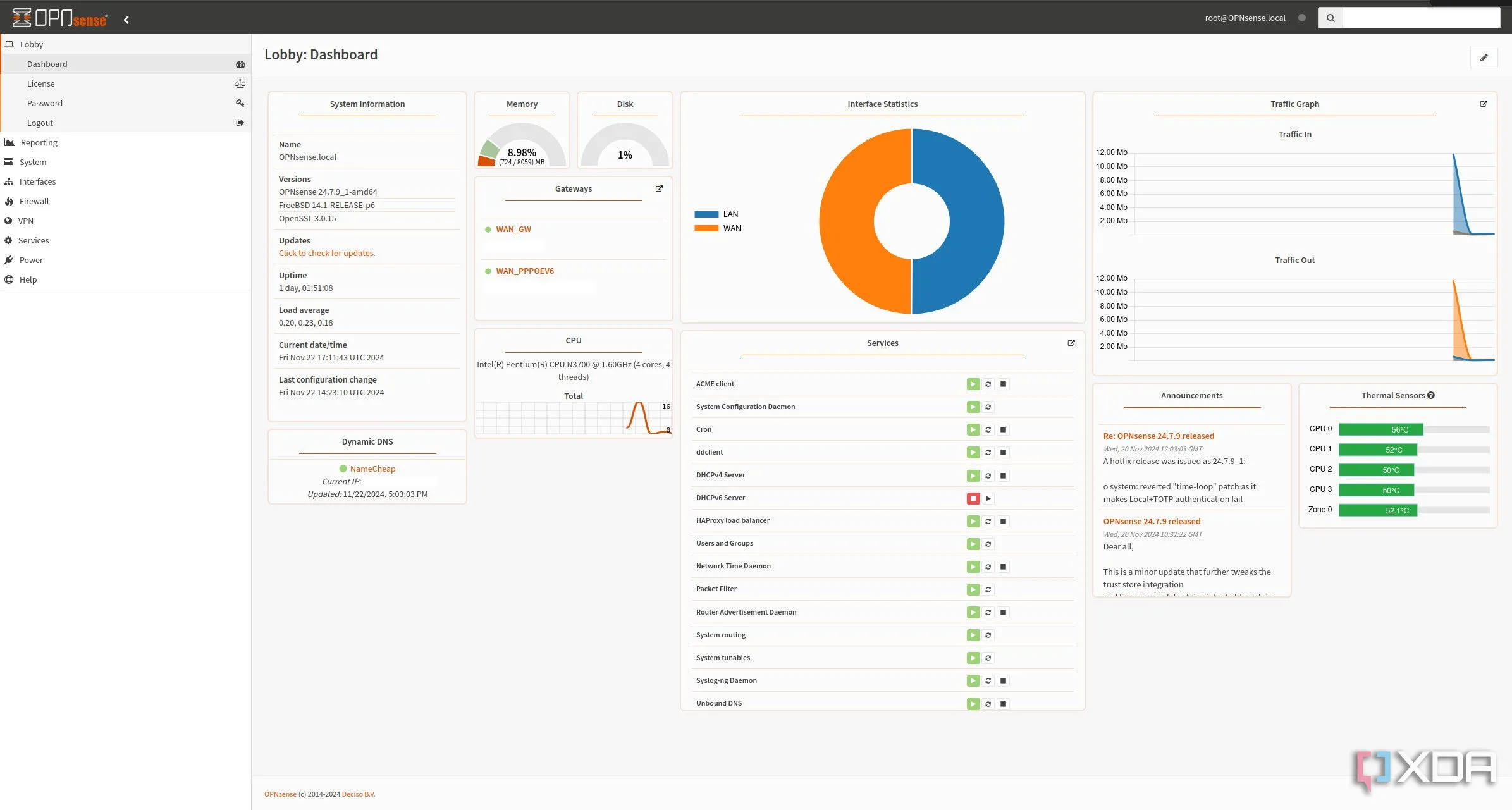 Giao diện OPNsense Dashboard hiển thị thông tin tổng quan về hiệu suất và tình trạng bảo mật mạng.