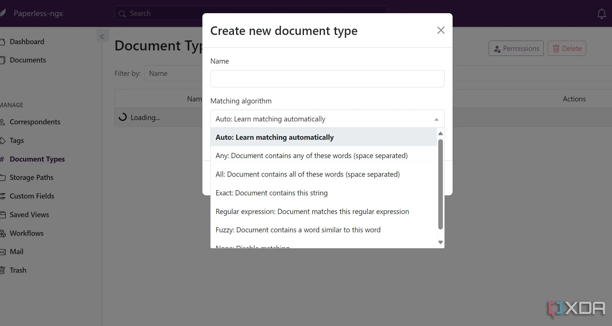 Giao diện Paperless-ngx hiển thị danh sách các tài liệu đã được số hóa với các tag và trạng thái khác nhau.