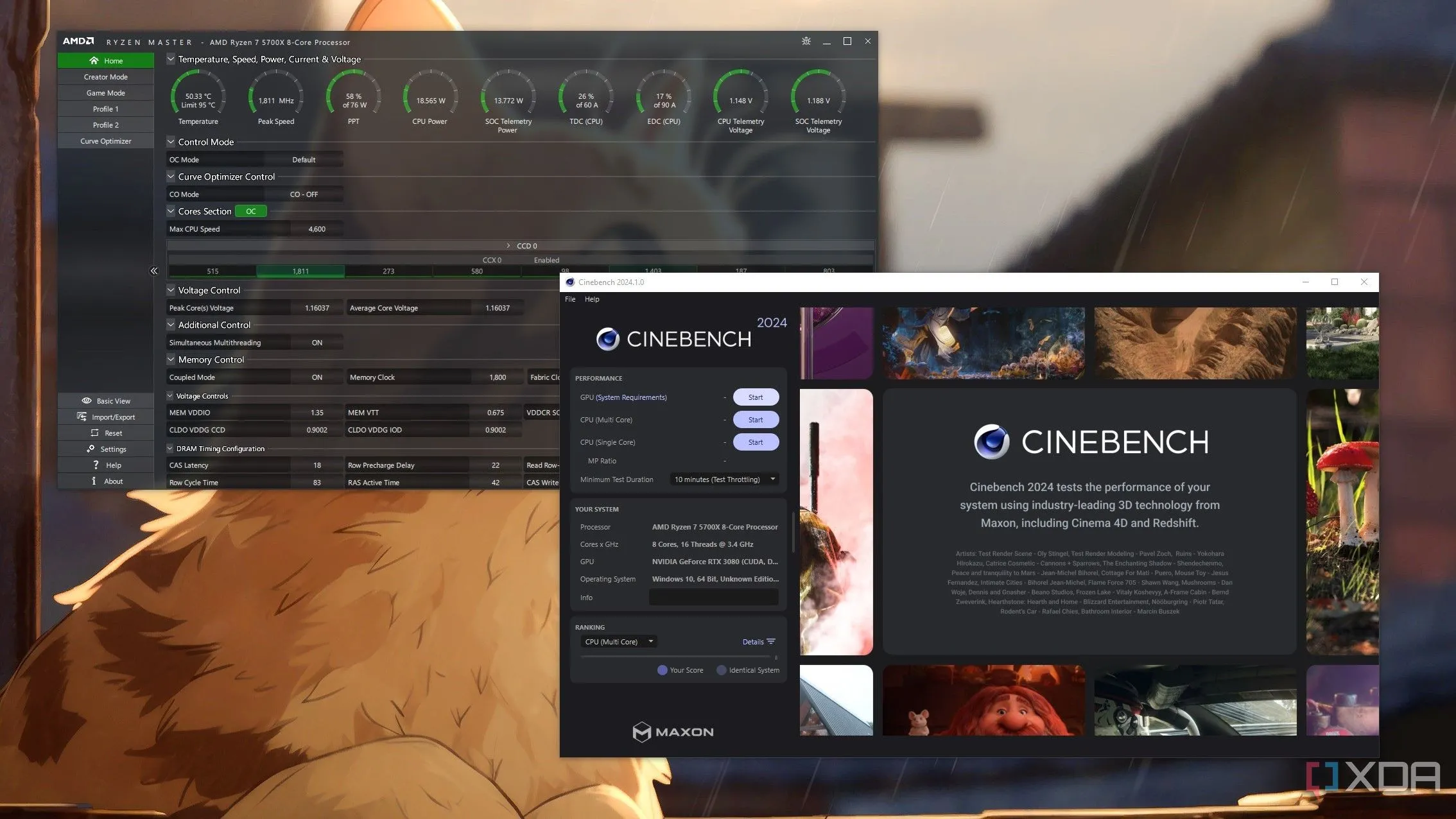 Giao diện phần mềm Ryzen Master và kết quả Cinebench 2024 trên desktop, minh họa quá trình chấm điểm benchmark CPU.