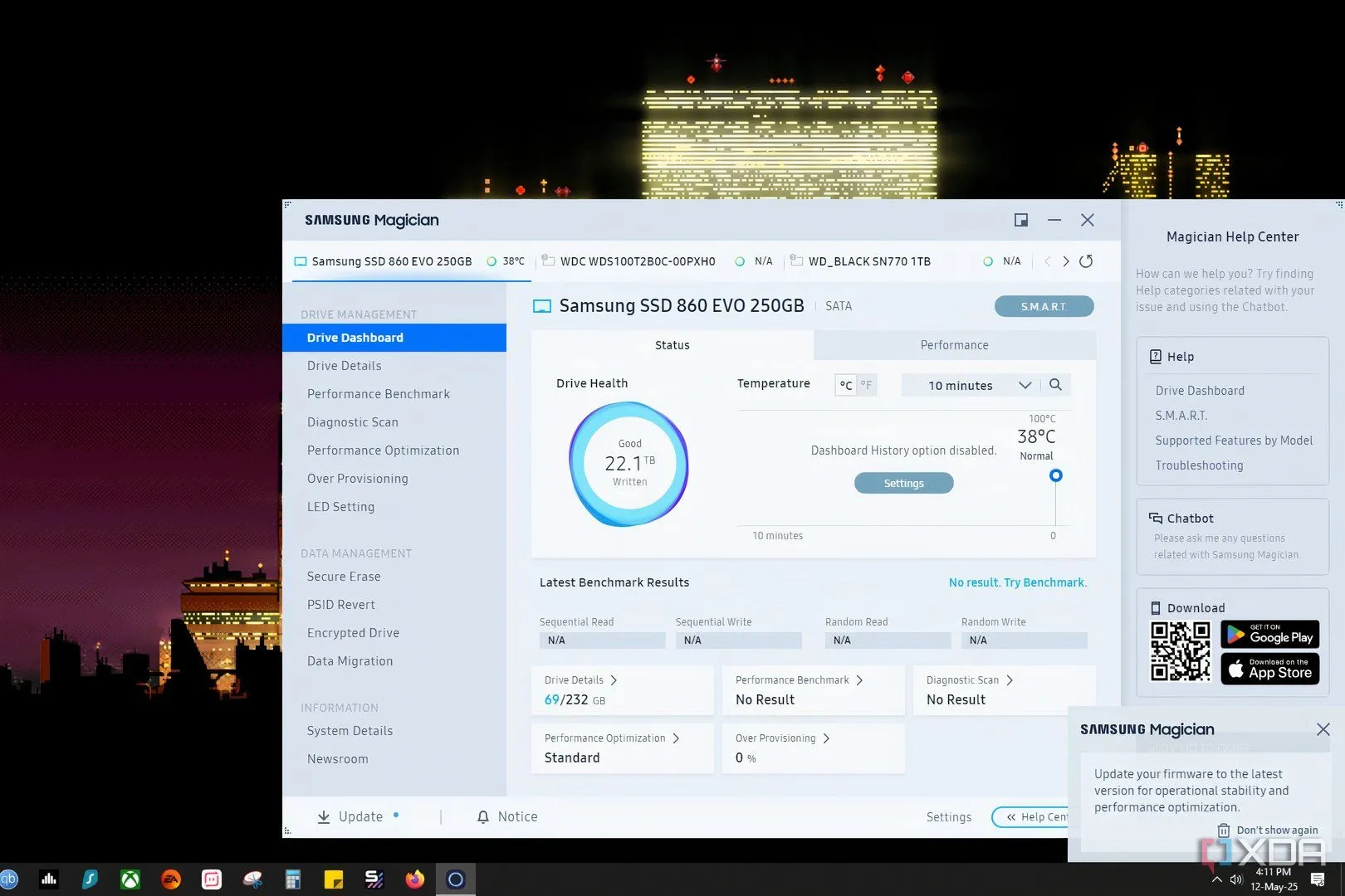 Giao diện phần mềm Samsung Magician cho phép kiểm tra và cập nhật firmware SSD trên Windows 10