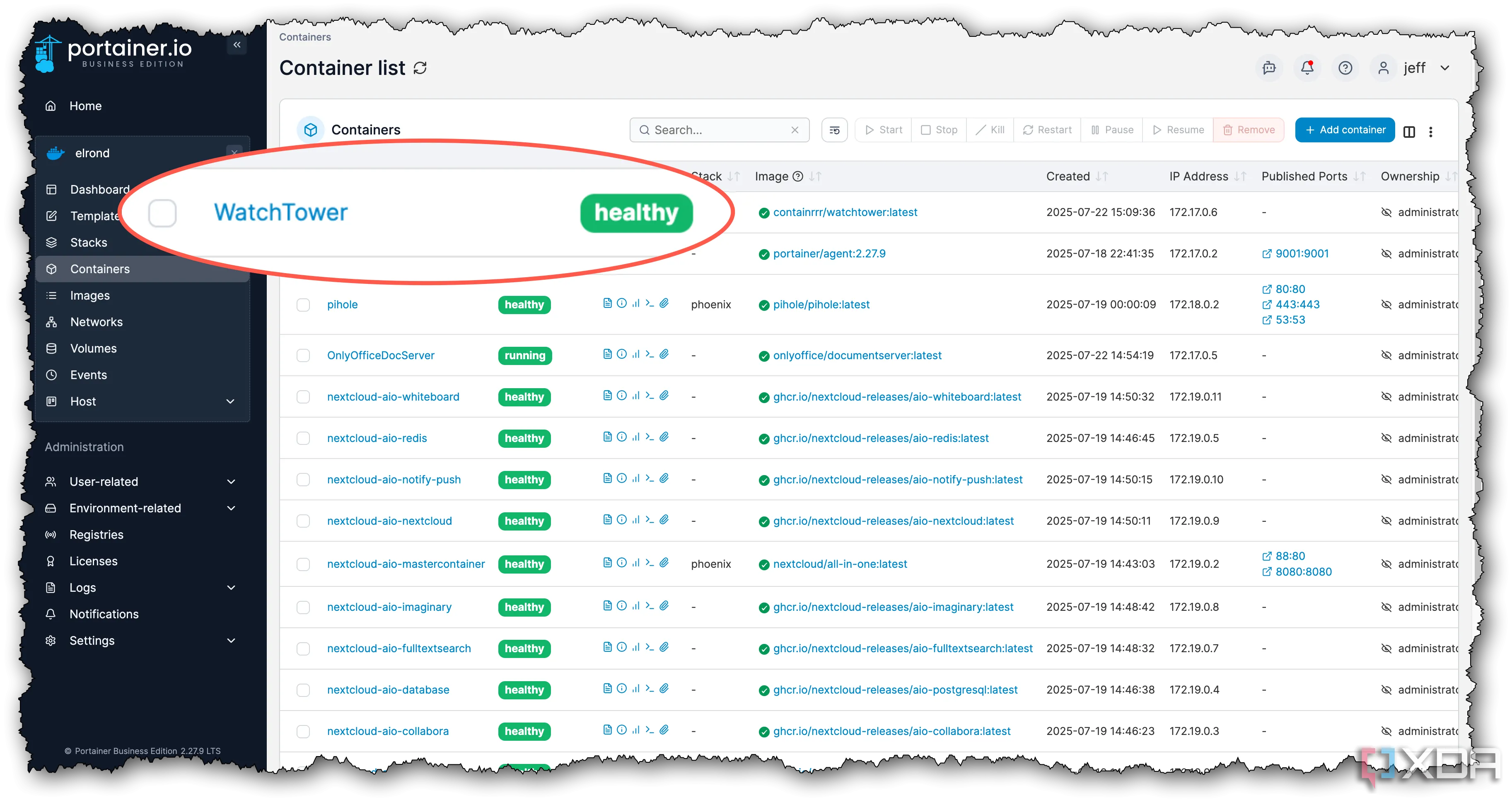 Giao diện Portainer hiển thị Docker container Watchtower đang chạy, minh họa quá trình tự động cập nhật và duy trì các ứng dụng container.
