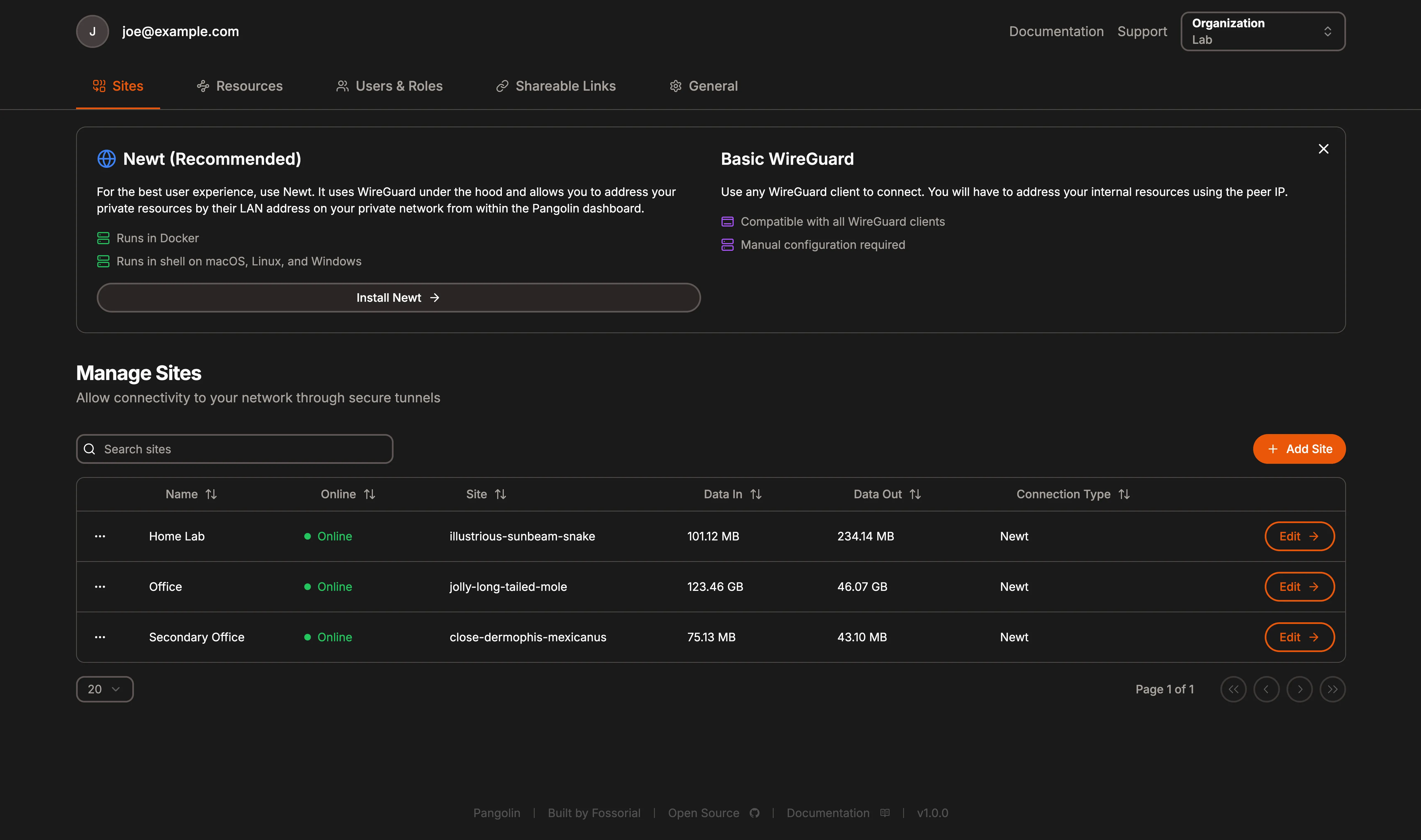 Giao diện quản lý các trang web (sites) đã được reverse proxy bằng Pangolin, hiển thị trạng thái và liên kết truy cập.