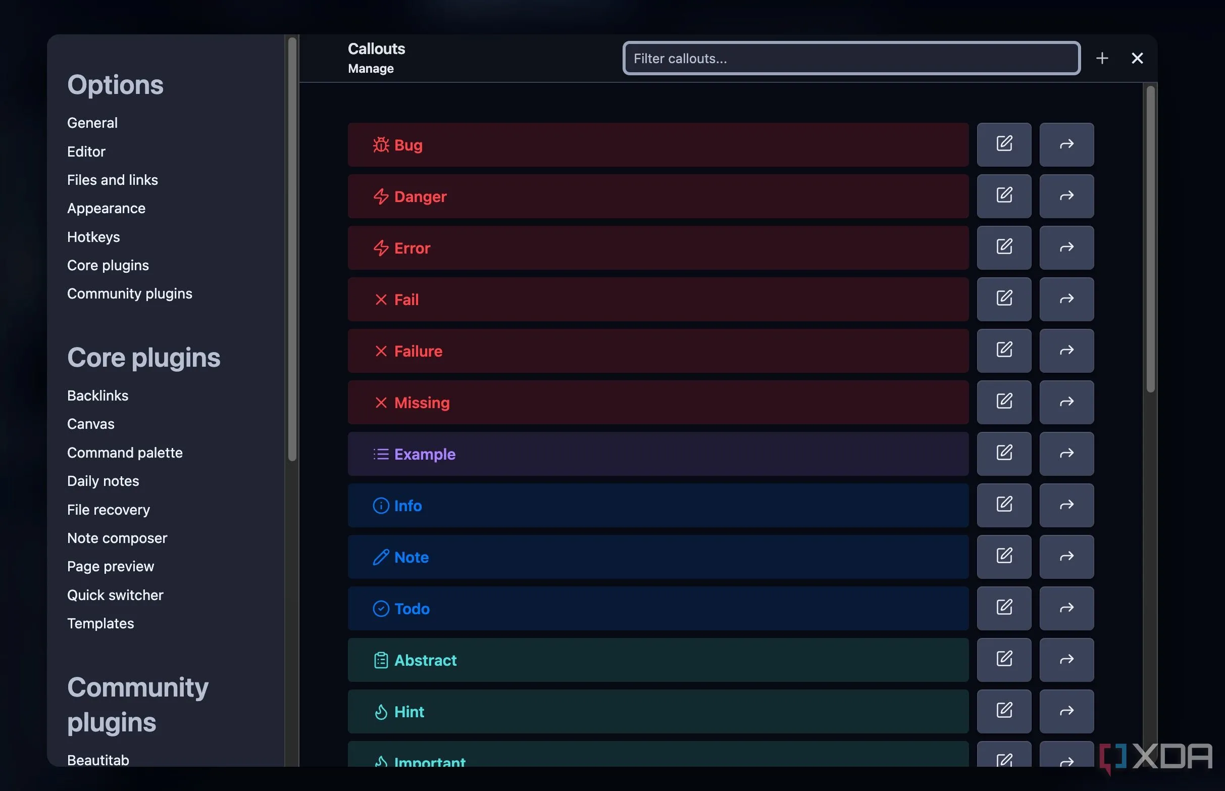 Giao diện quản lý Callout tùy chỉnh với plugin Callout Manager trong Obsidian