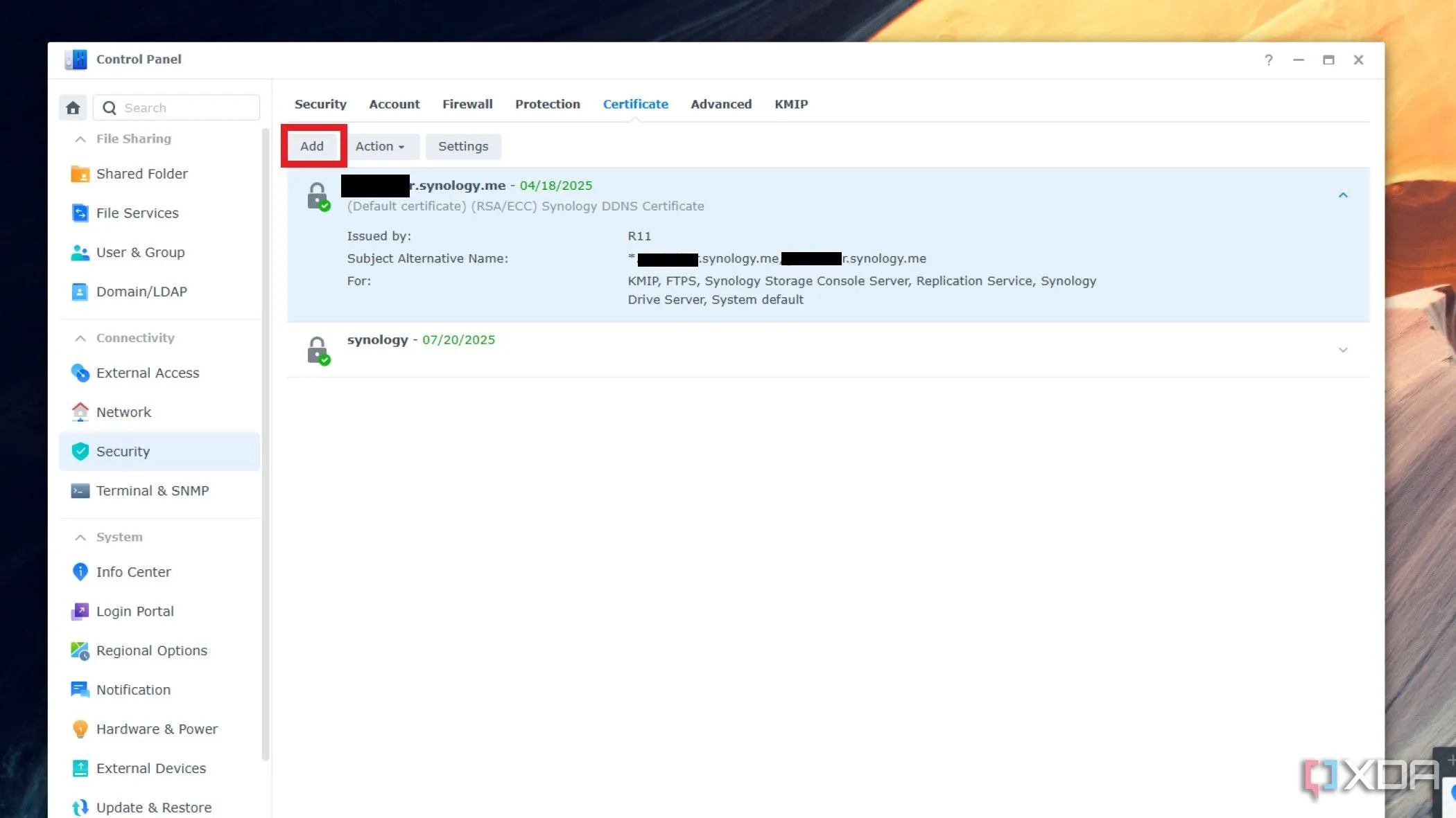Giao diện quản lý chứng chỉ SSL trong Synology DSM