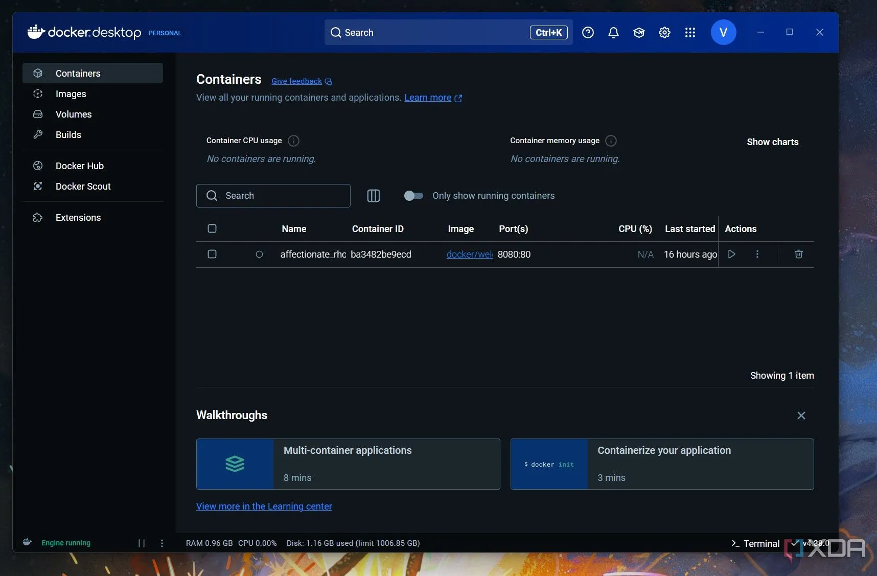 Giao diện quản lý container Docker Desktop trên Windows