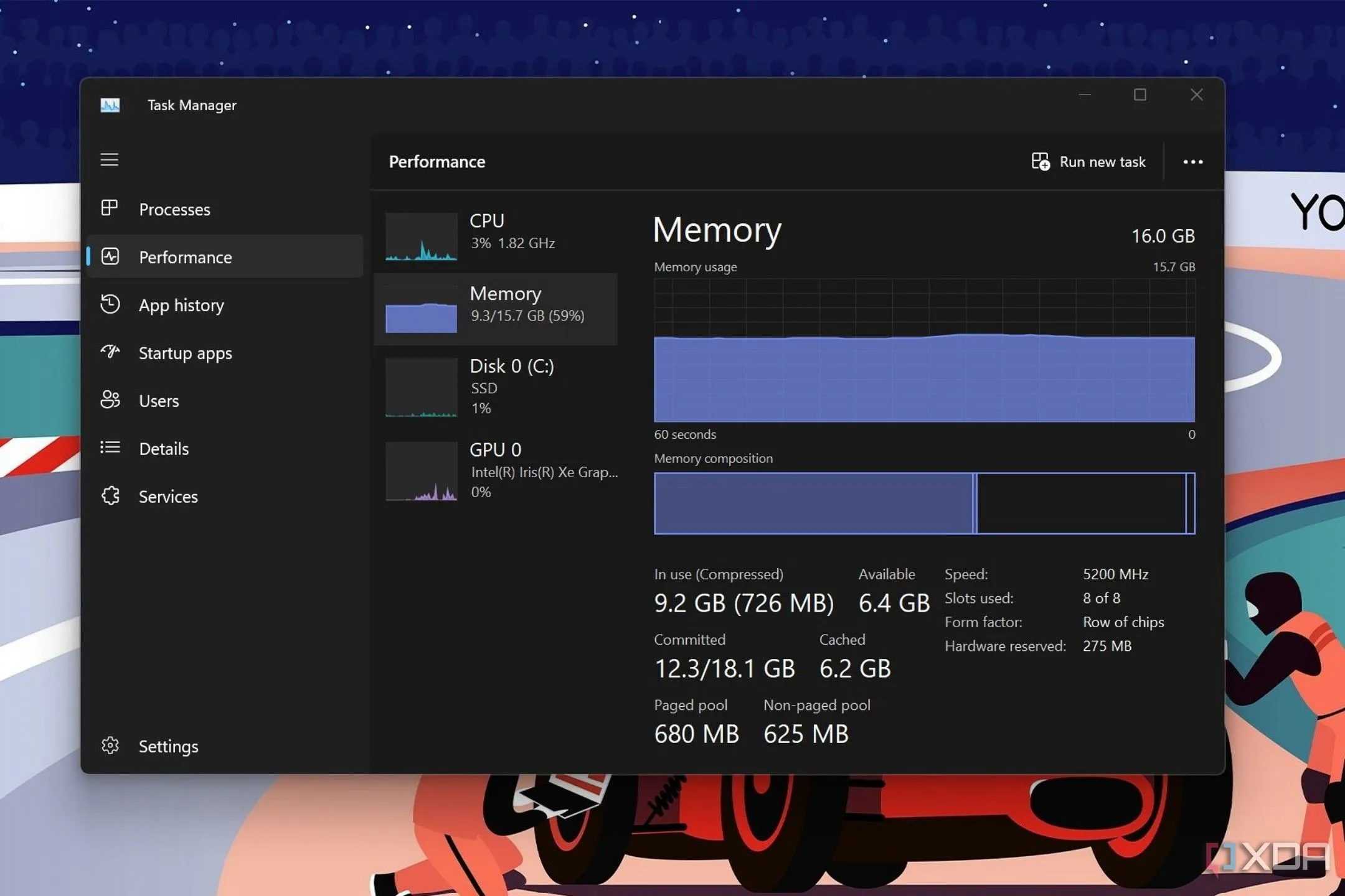 Giao diện Quản lý Tác vụ (Task Manager) của Windows 11 hiển thị thông tin về tốc độ và mức sử dụng bộ nhớ RAM.