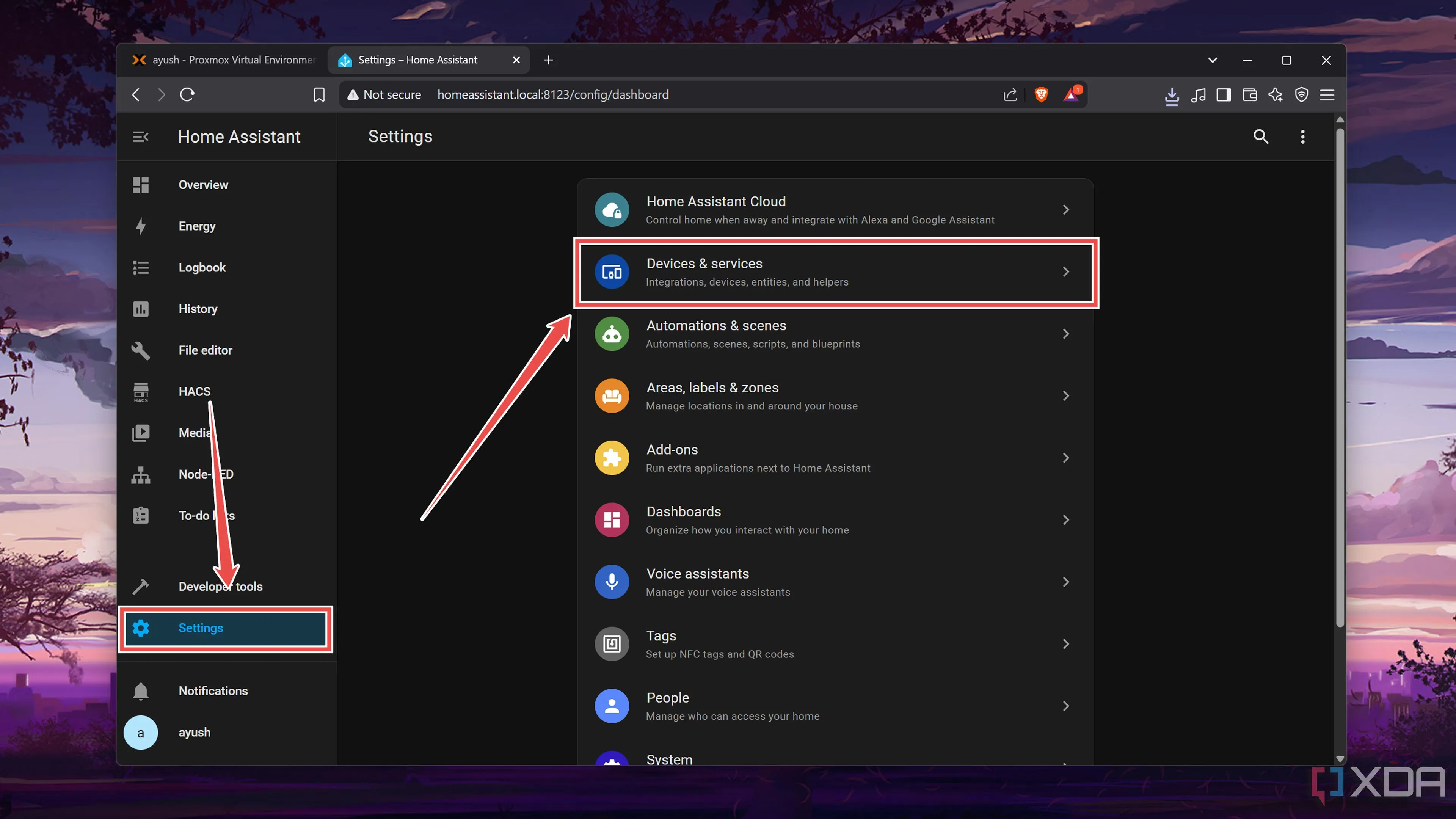 Giao diện Settings của Home Assistant, chọn mục &quot;Devices &amp; services&quot; để quản lý tích hợp.
