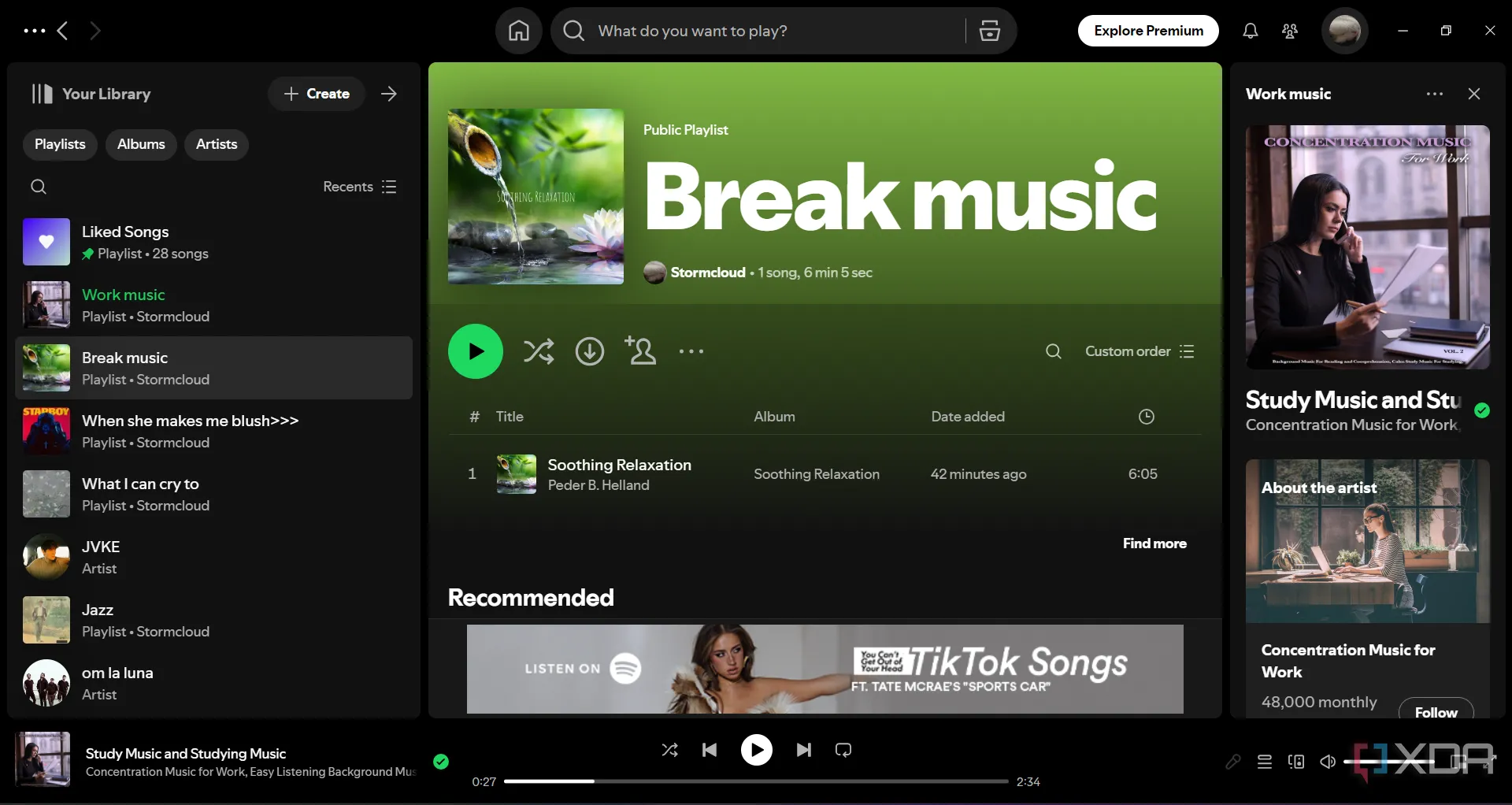 Giao diện Spotify với danh sách phát nhạc riêng biệt cho công việc và giải lao