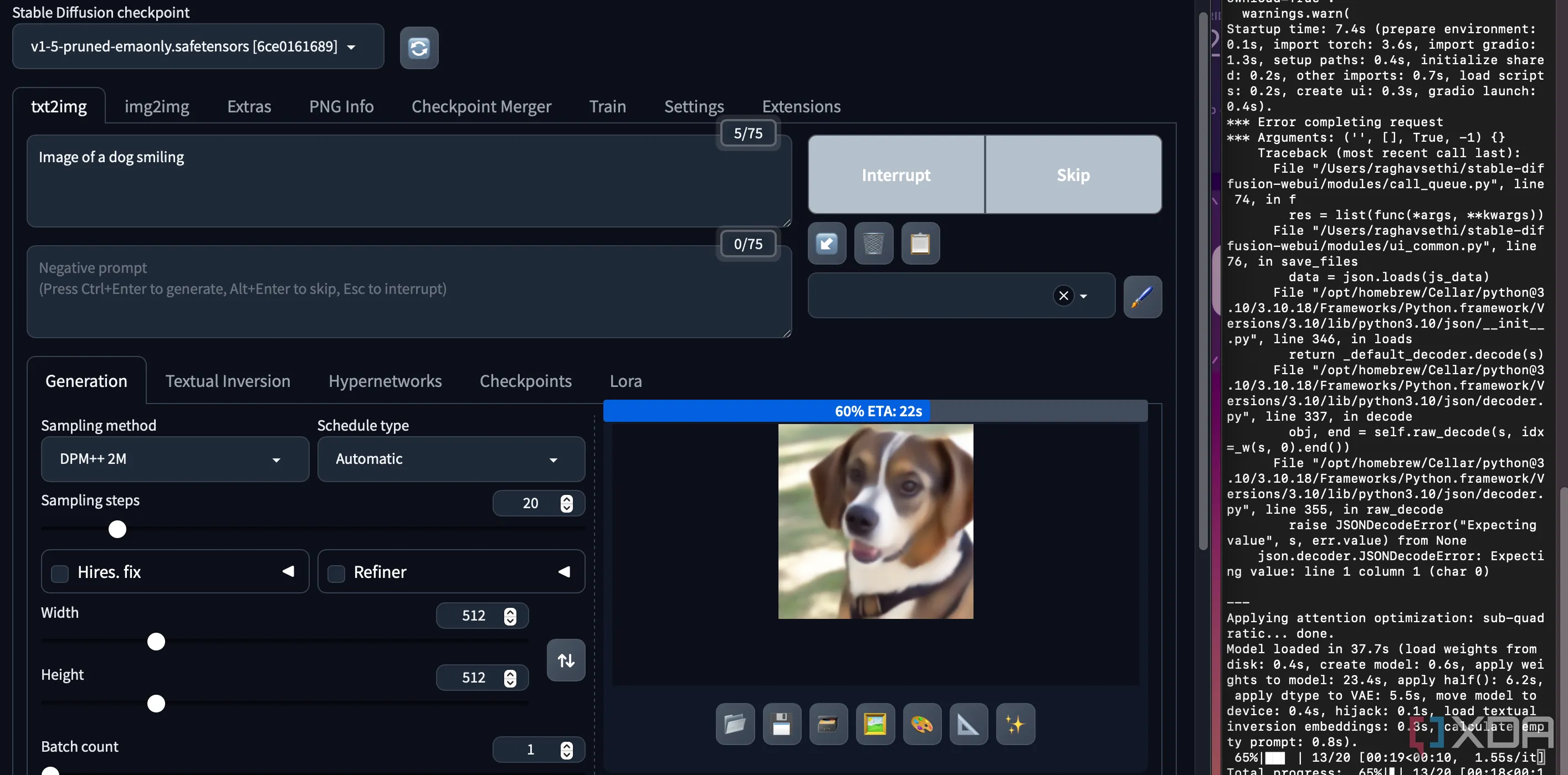 Giao diện Stable Diffusion Web UI đang tạo ảnh chú chó, bên cạnh là cửa sổ Terminal hiển thị quá trình cài đặt