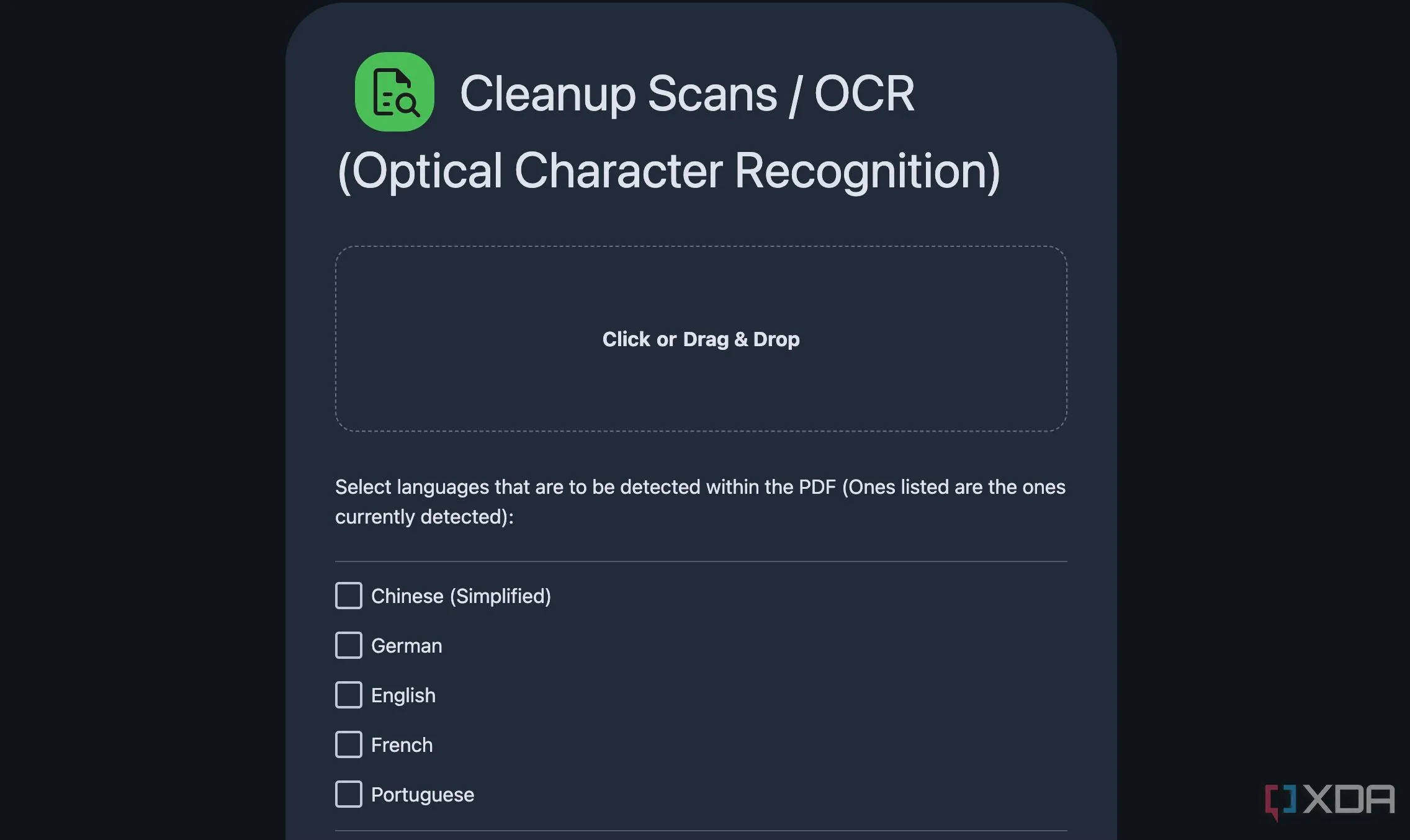 Giao diện Stirling PDF với menu chức năng OCR