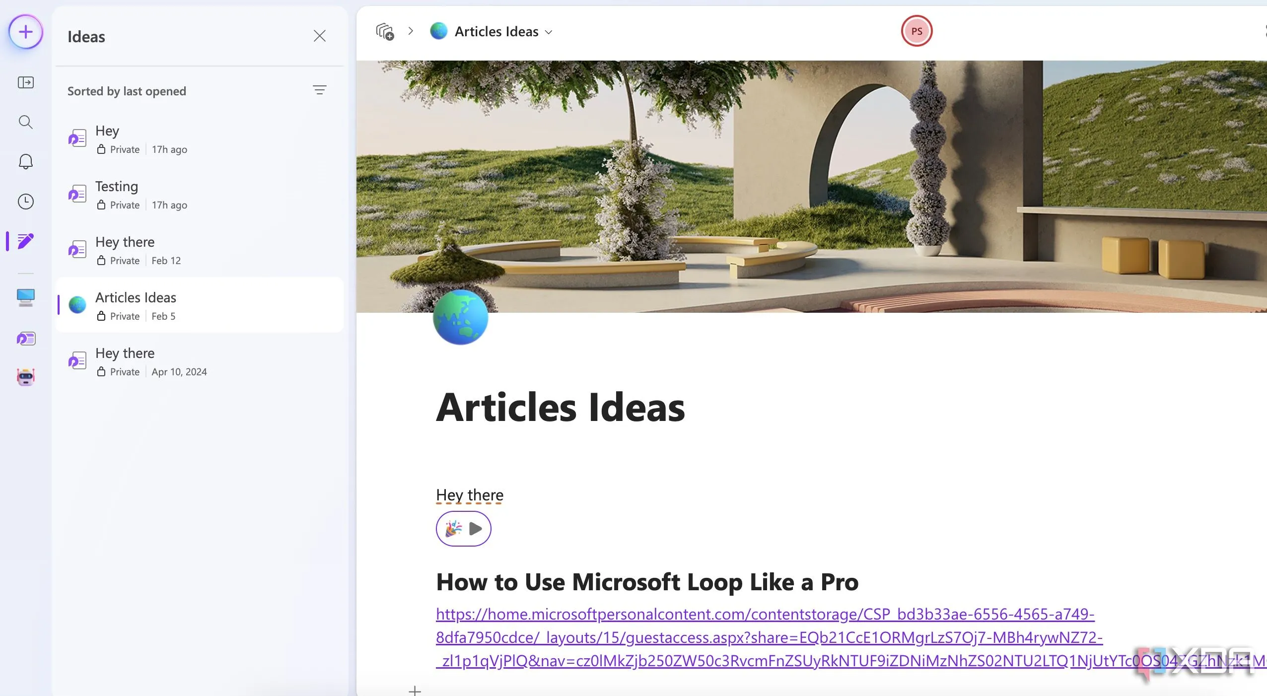 Giao diện tab Ideas của Microsoft Loop để ghi lại các ghi chú và ý tưởng nhanh chóng