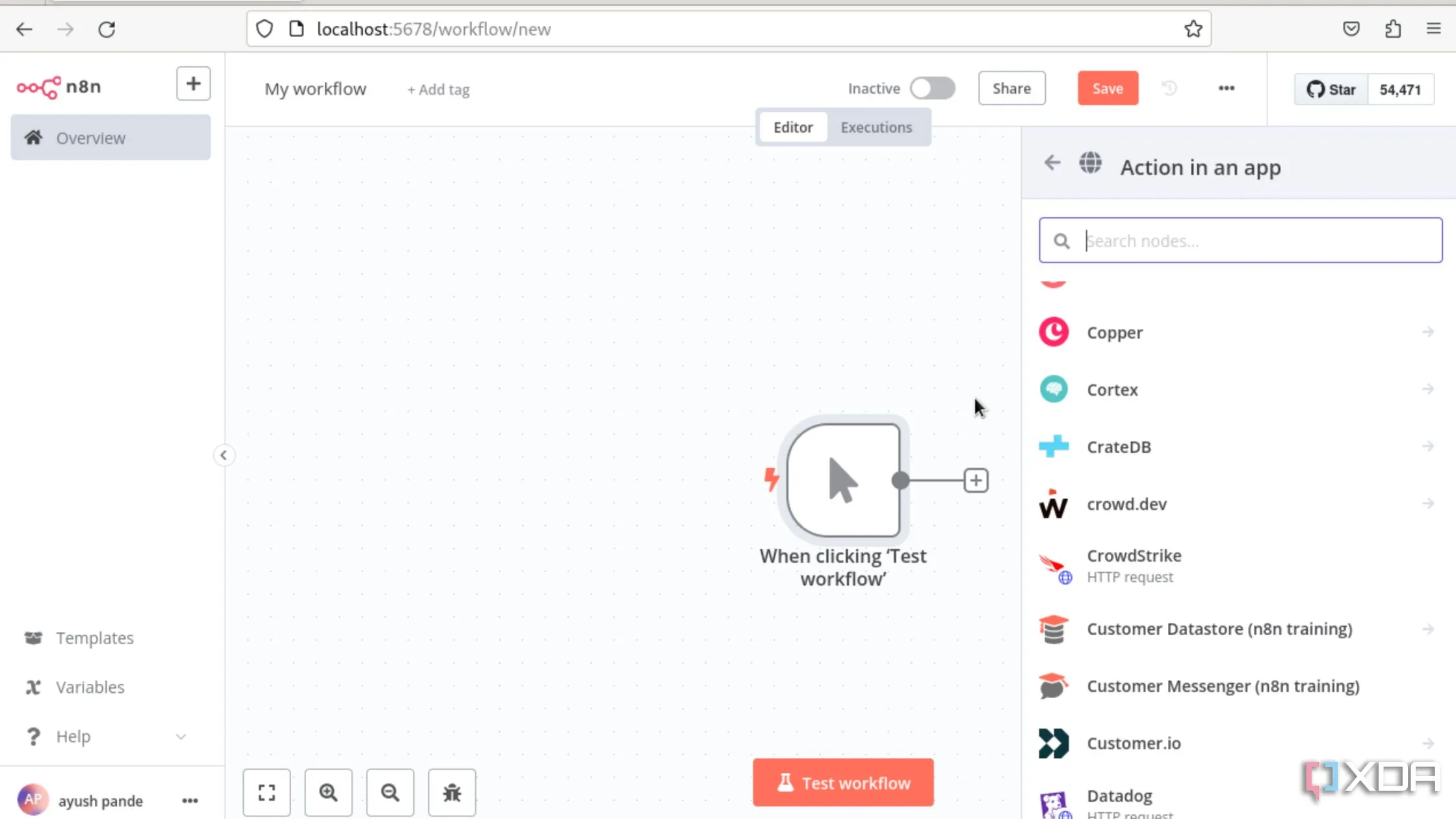 Giao diện tạo workflow thử nghiệm trong n8n, thể hiện khả năng tự động hóa linh hoạt