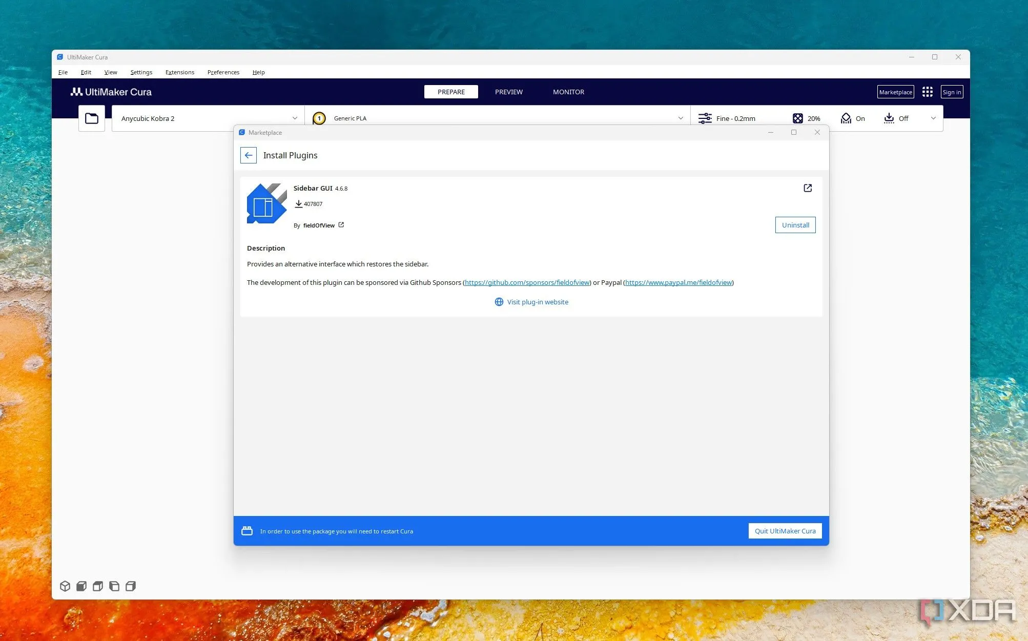 Giao diện thanh bên Sidebar GUI trong Cura giúp sắp xếp cài đặt gọn gàng