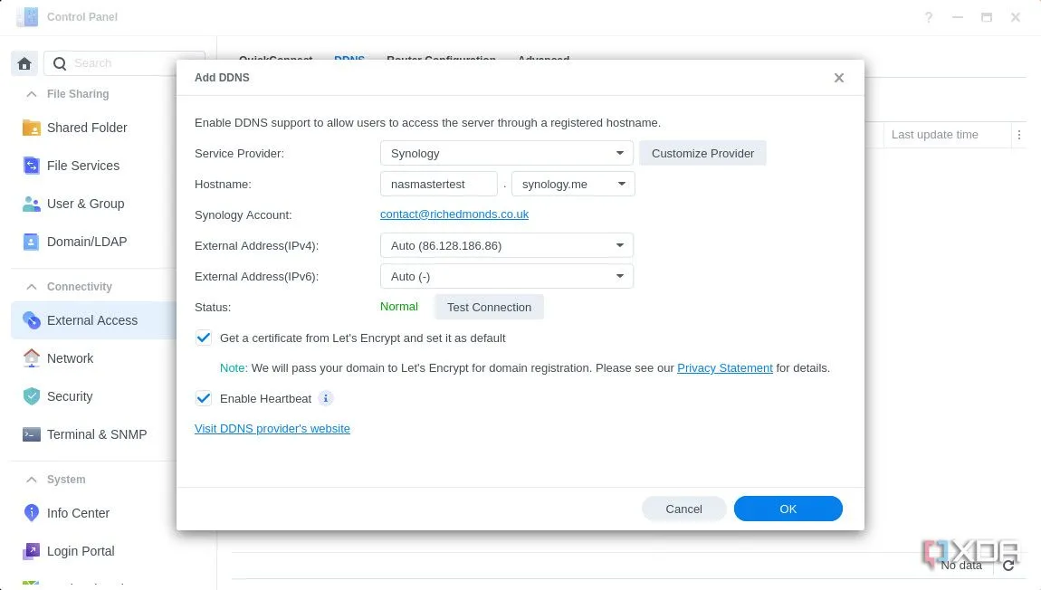 Giao diện thêm cấu hình DDNS mới trên Synology DSM 7