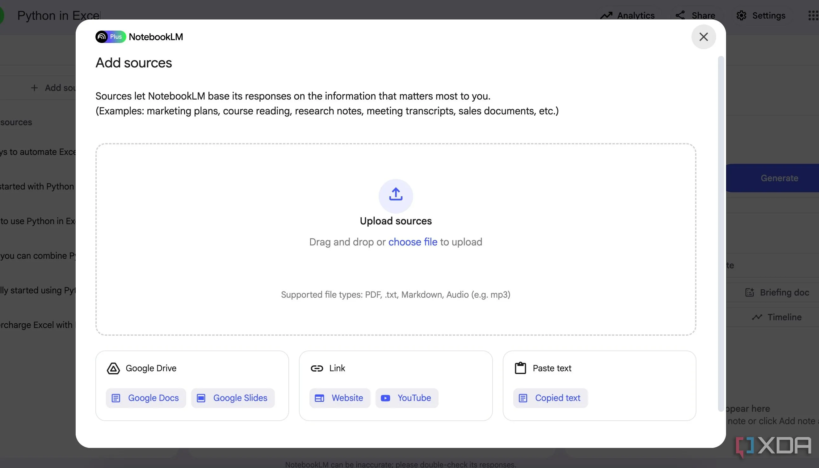 Giao diện thêm nguồn dữ liệu vào NotebookLM, bao gồm ghi chú Markdown và các tài liệu nghiên cứu khác