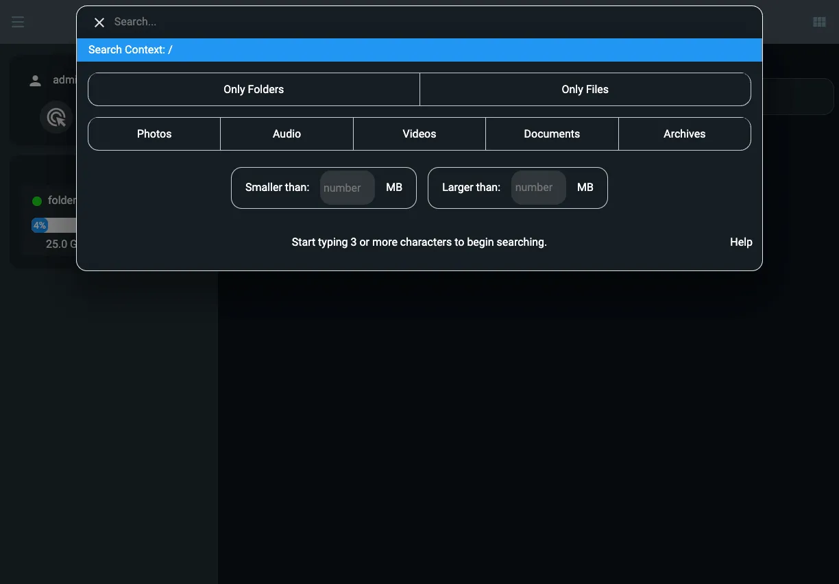 Giao diện tìm kiếm tệp nhanh chóng và bộ lọc nâng cao của FileBrowser Quantum, hiển thị kết quả tìm kiếm theo chỉ mục.