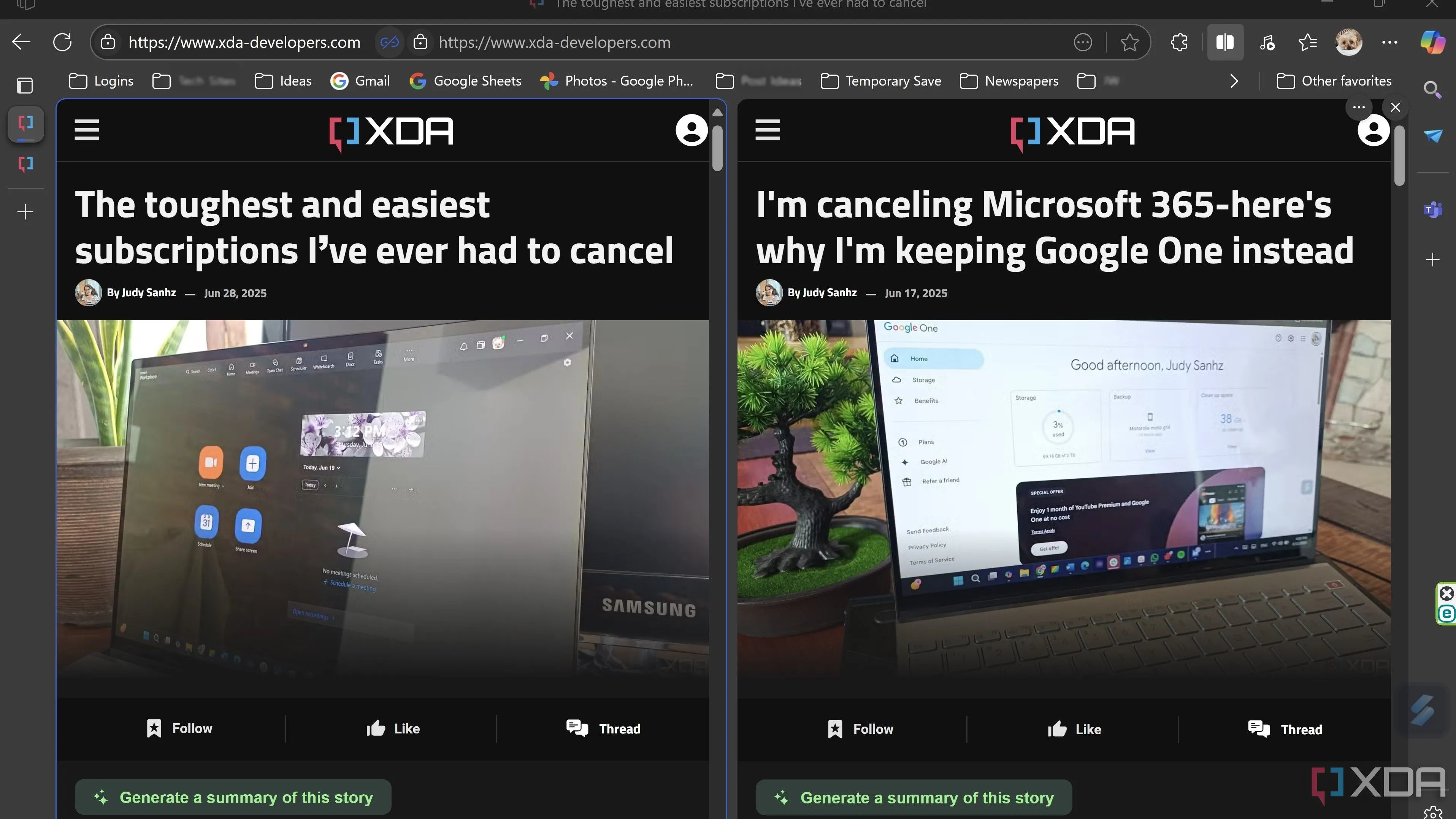 Giao diện tính năng chia đôi màn hình trên trình duyệt Microsoft Edge, hiển thị hai trang web song song để đa nhiệm hiệu quả.