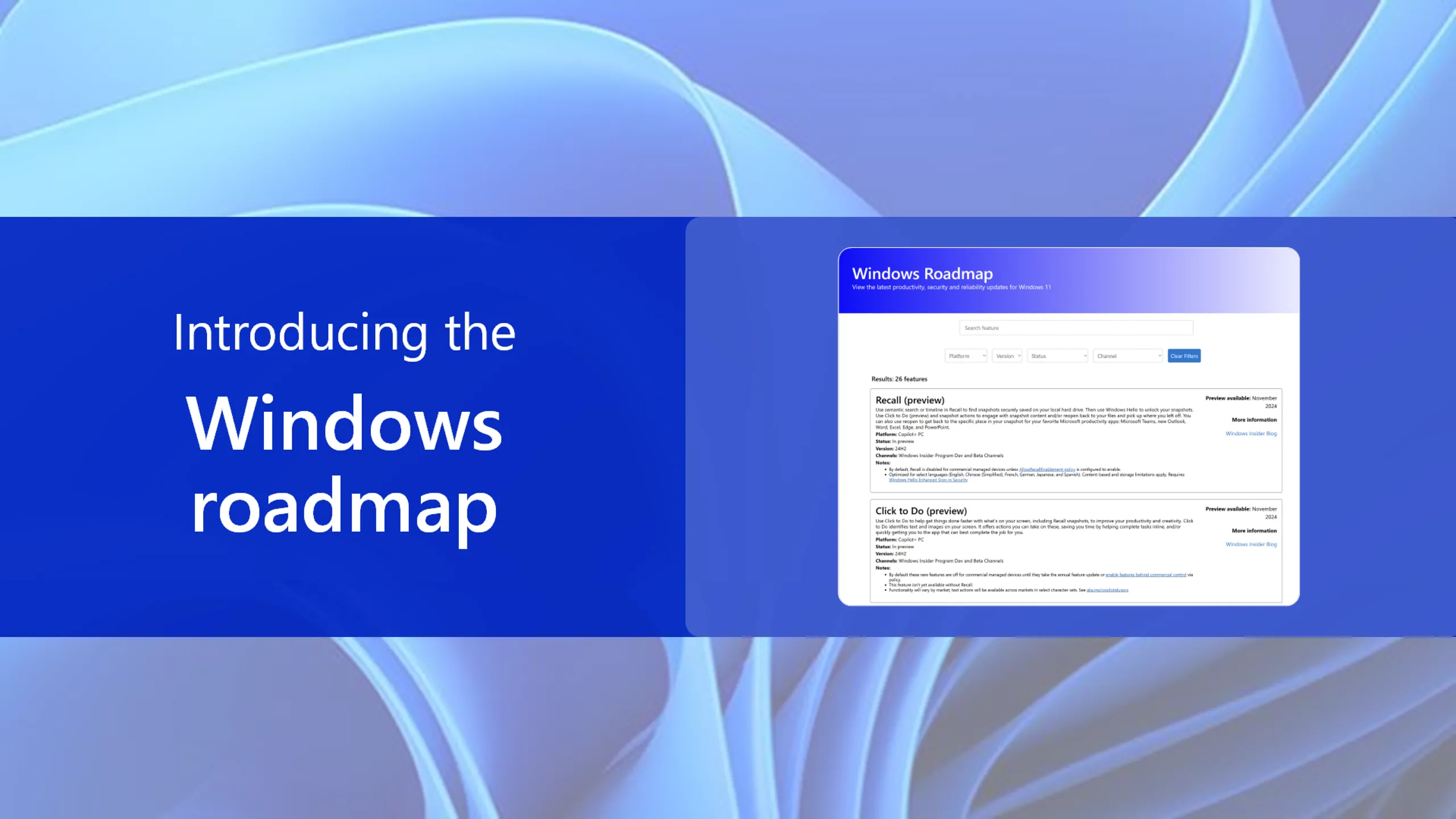 Giao diện trang web Windows Roadmap của Microsoft, hiển thị lộ trình phát triển và các tính năng mới của Windows 11 với bộ lọc trạng thái và phiên bản