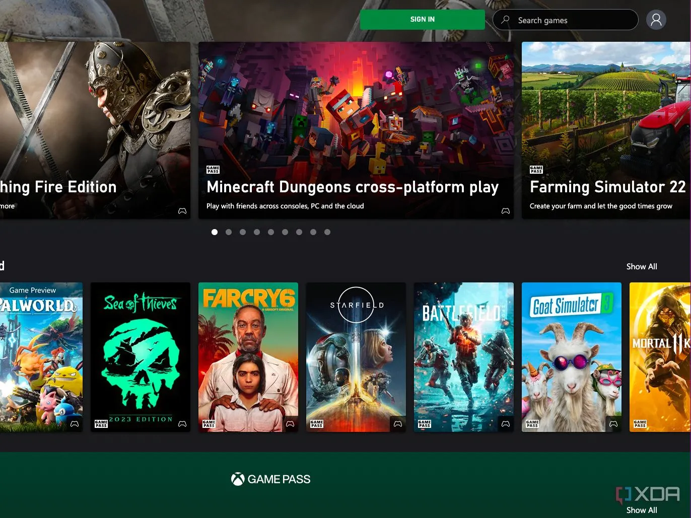 Giao diện trình duyệt Xbox Game Pass, minh họa dịch vụ chơi game online có phí