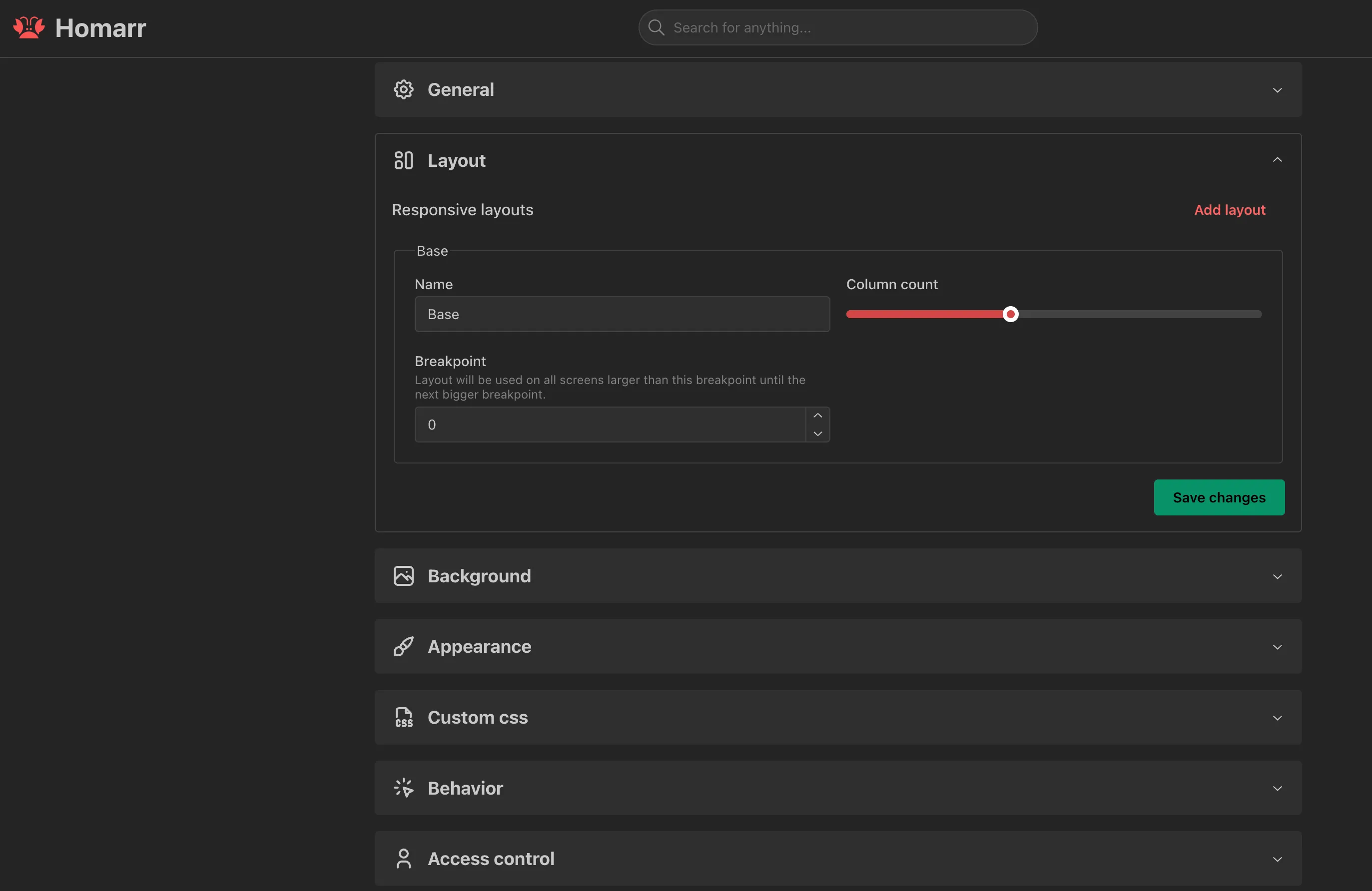 Giao diện tùy chỉnh của Homarr dashboard với các tùy chọn thay đổi chủ đề, hình nền và bố cục