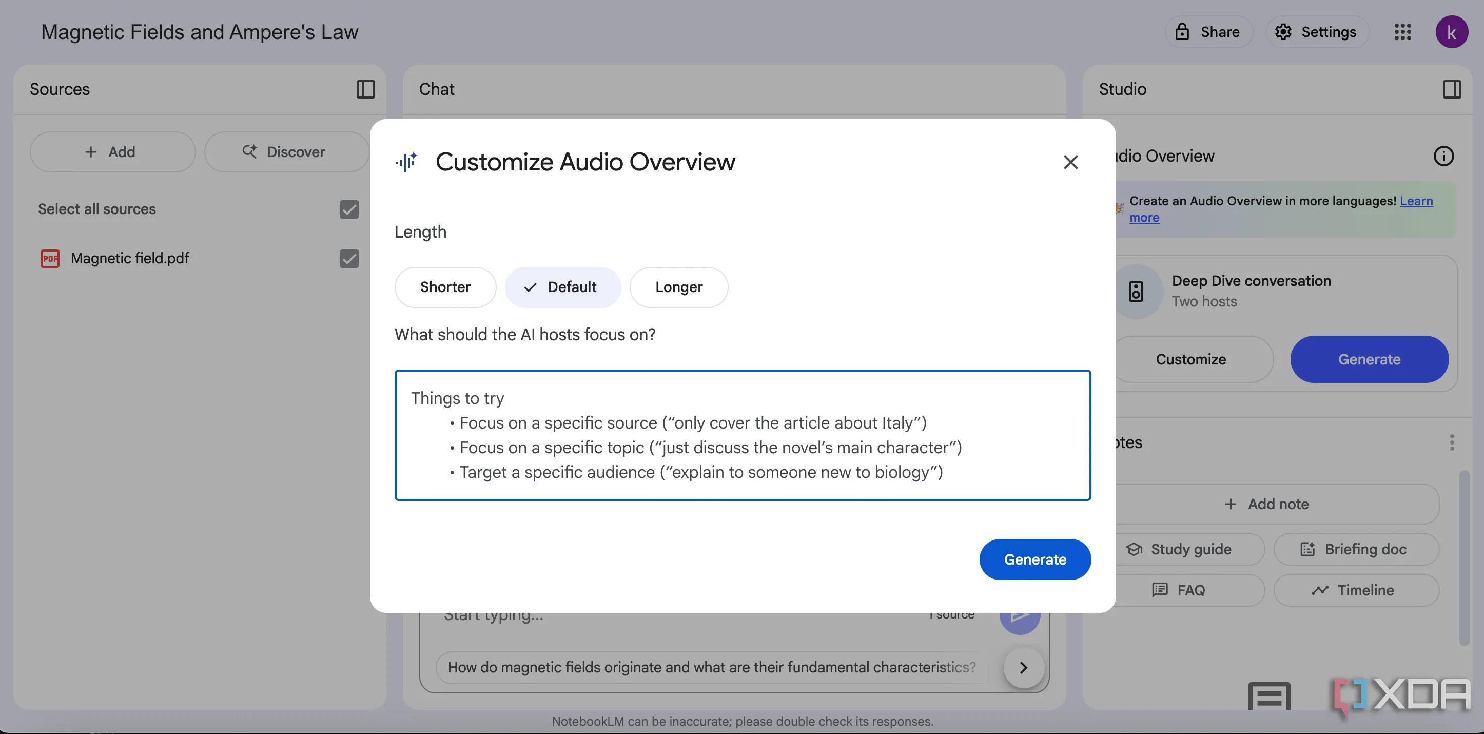 Giao diện tùy chỉnh độ dài của Audio Overviews trong NotebookLM với các lựa chọn Ngắn hơn, Mặc định và Dài hơn.