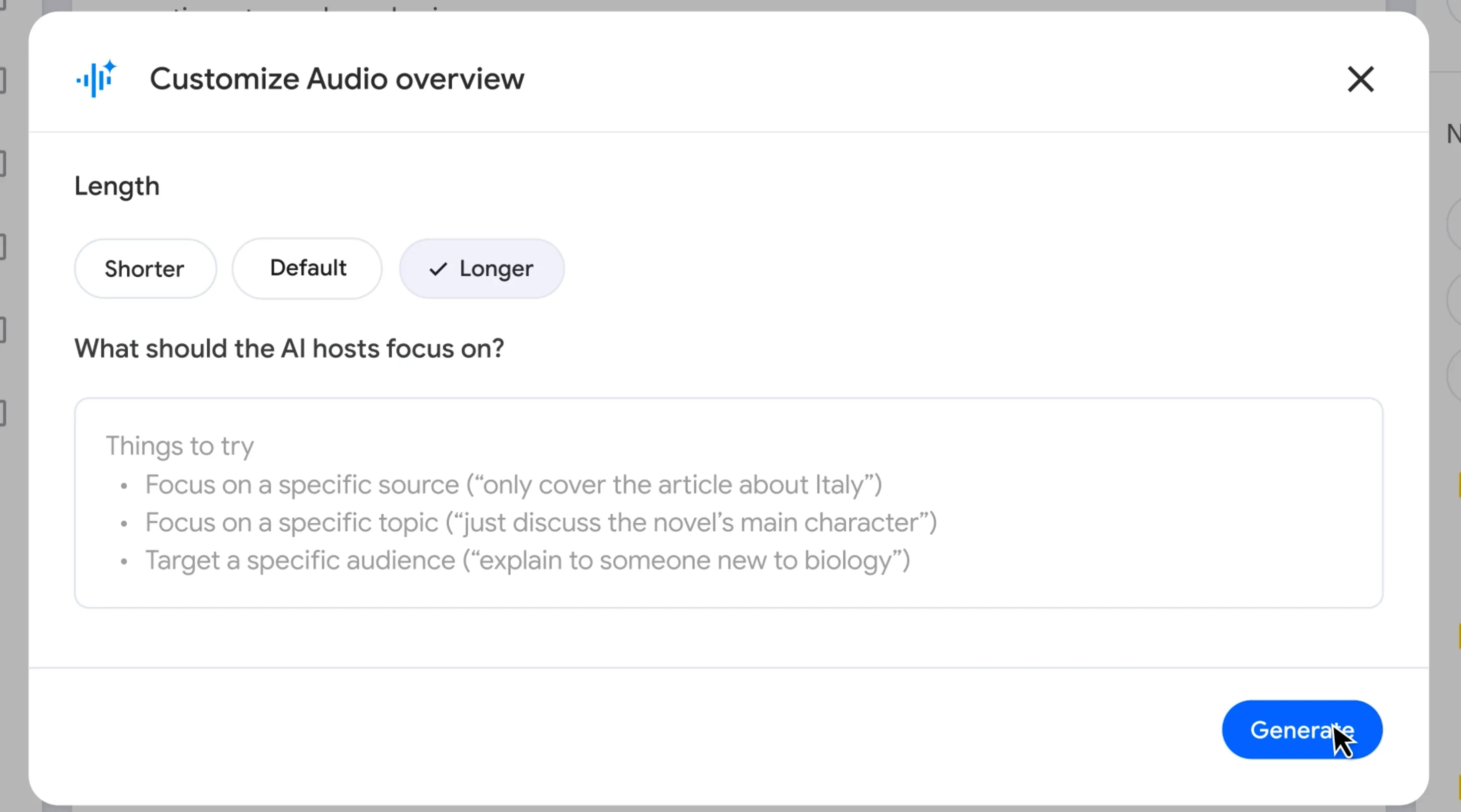 Giao diện tùy chỉnh độ dài podcast Audio Overviews trong Google NotebookLM với các lựa chọn Ngắn hơn, Mặc định và Dài hơn