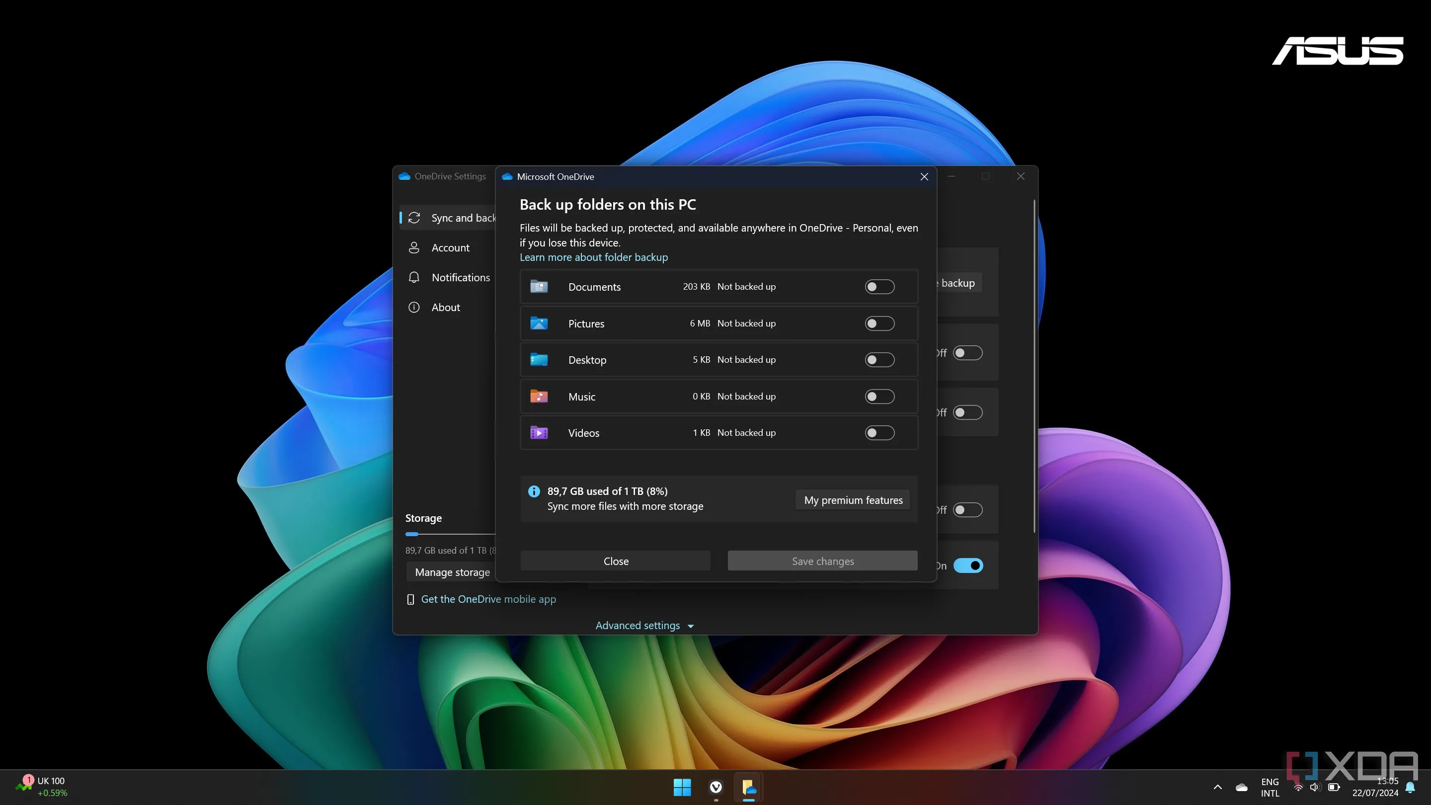 Giao diện tùy chọn sao lưu thư mục Desktop, Tài liệu và Ảnh của OneDrive trên Windows 11