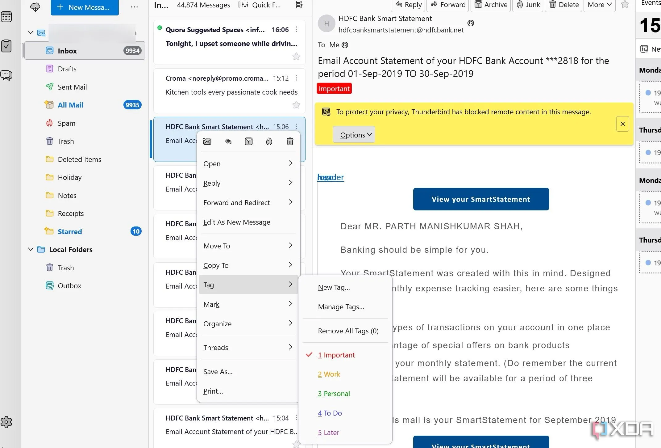 Giao diện ứng dụng email Thunderbird với các thẻ phân loại email, minh họa khả năng quản lý hộp thư hiệu quả