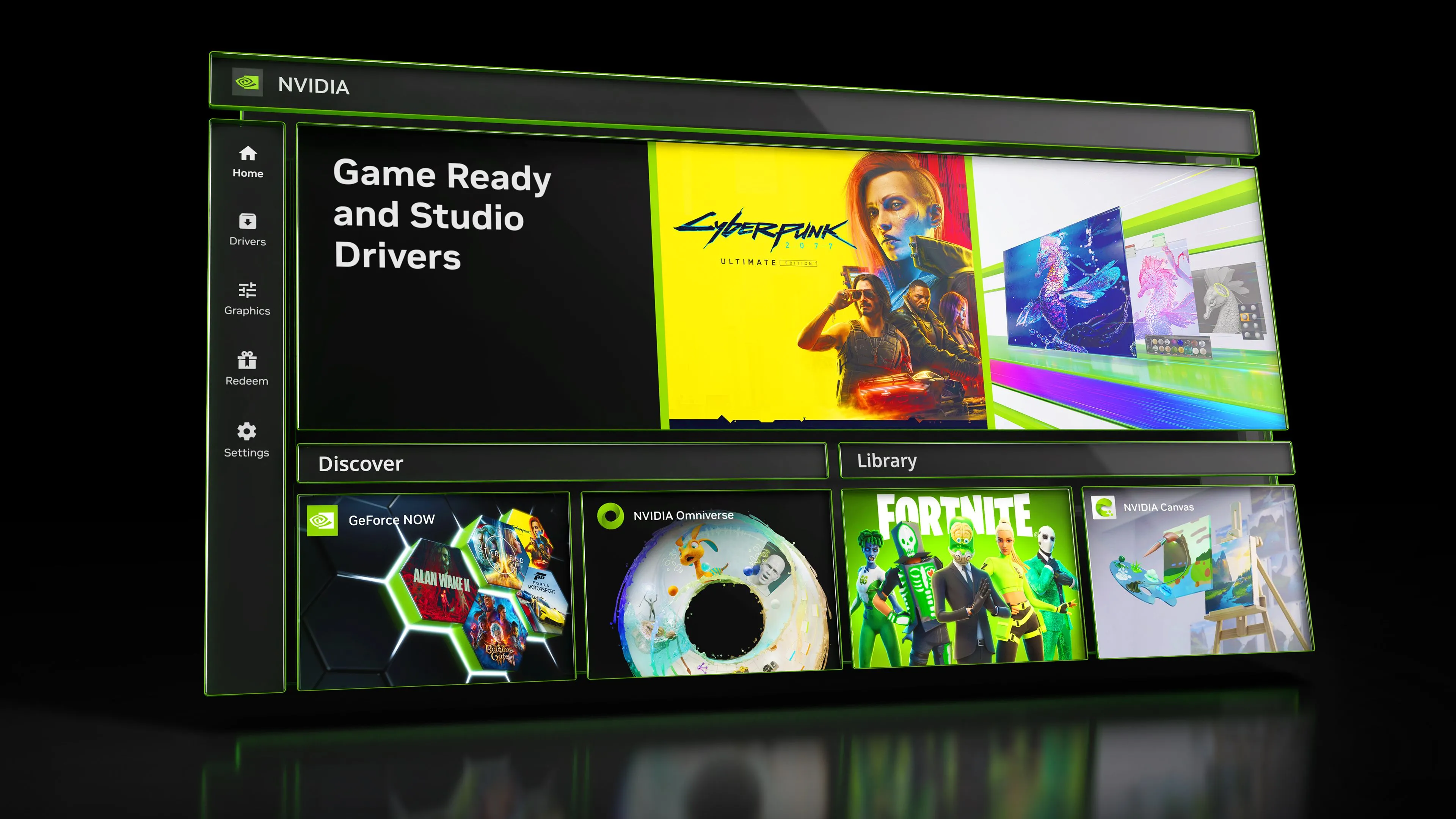 Giao diện ứng dụng Nvidia với logo và các tùy chọn cài đặt driver, liên quan đến các vấn đề hiệu suất trên card đồ họa RTX.