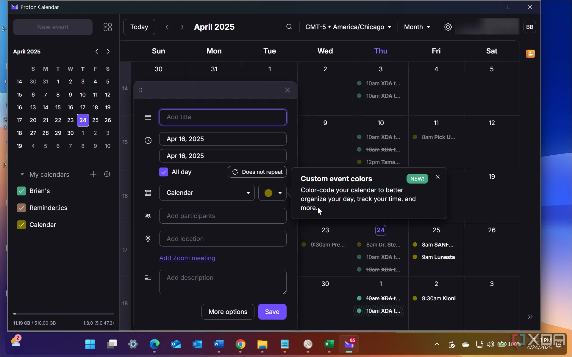 Giao diện ứng dụng Proton Calendar trên Windows, minh họa tính năng quản lý lịch bảo mật