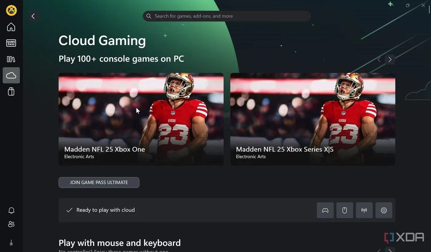 Giao diện ứng dụng Xbox trên Windows 11 hiển thị các trò chơi hỗ trợ chơi game đám mây với dịch vụ Xbox Cloud Gaming