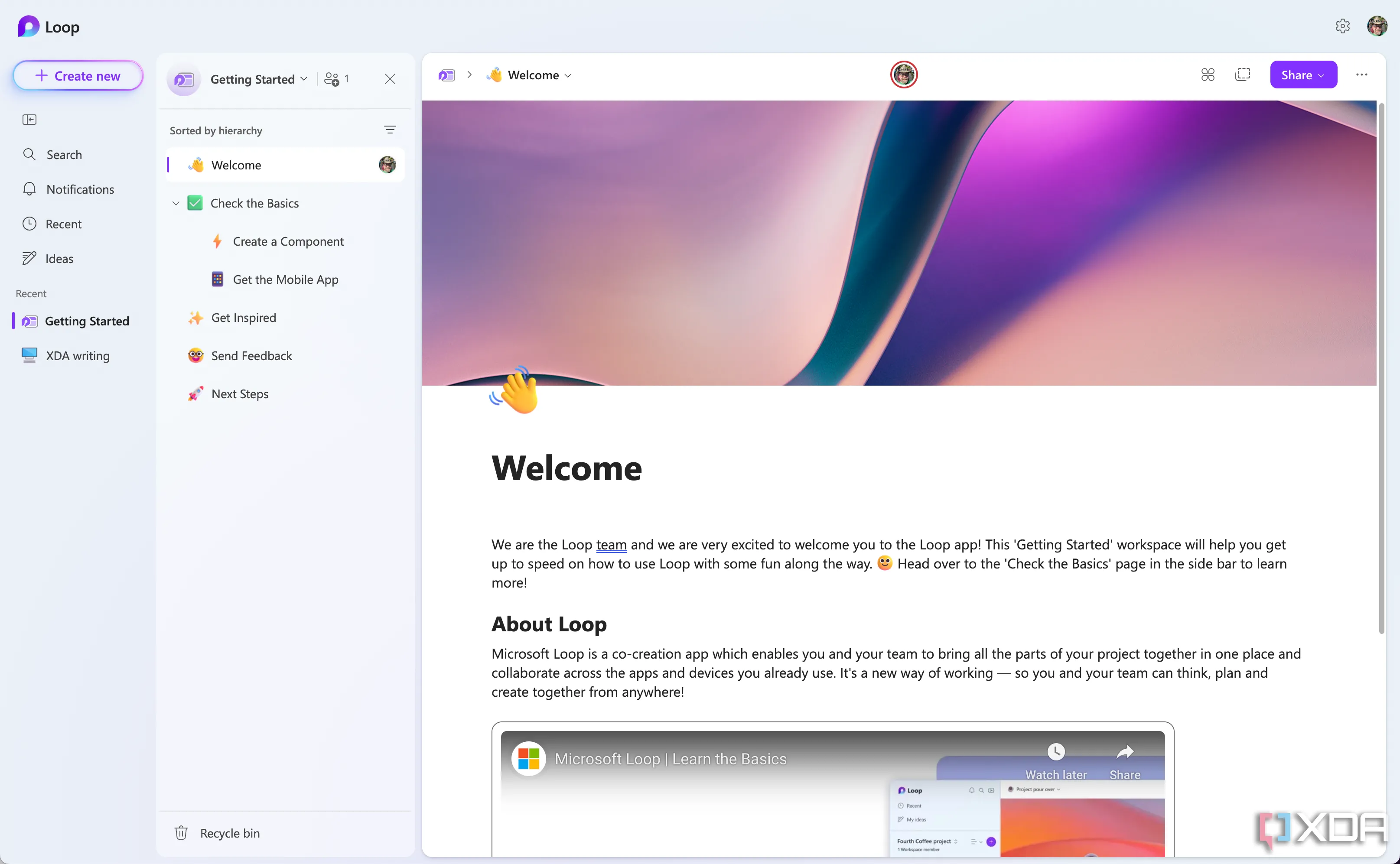 Giao diện web của Microsoft Loop thiếu tính năng nhắc nhở tích hợp