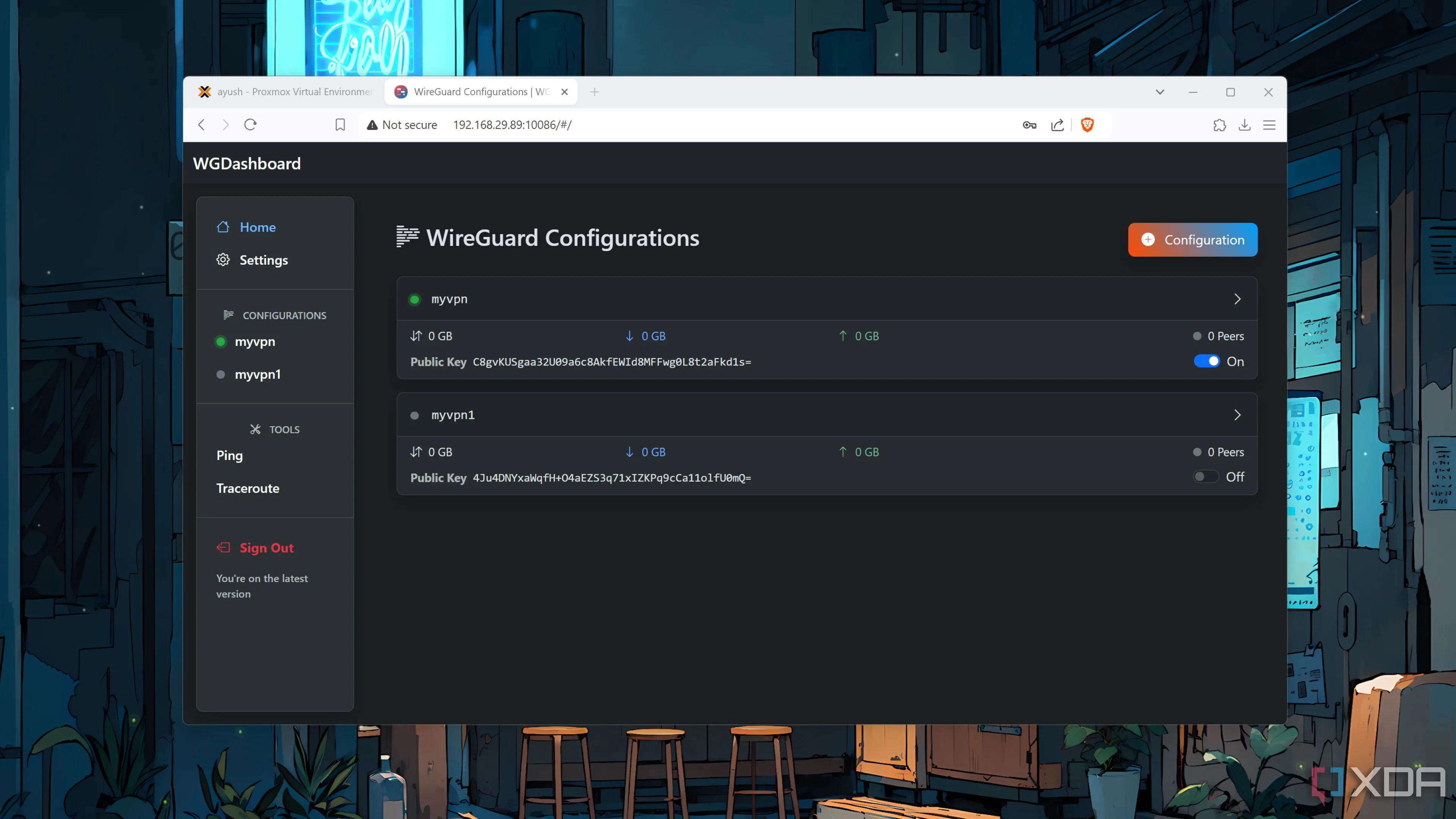Giao diện WGDashboard hiển thị hai kênh VPN WireGuard đã được thiết lập, phục vụ truy cập từ xa an toàn.
