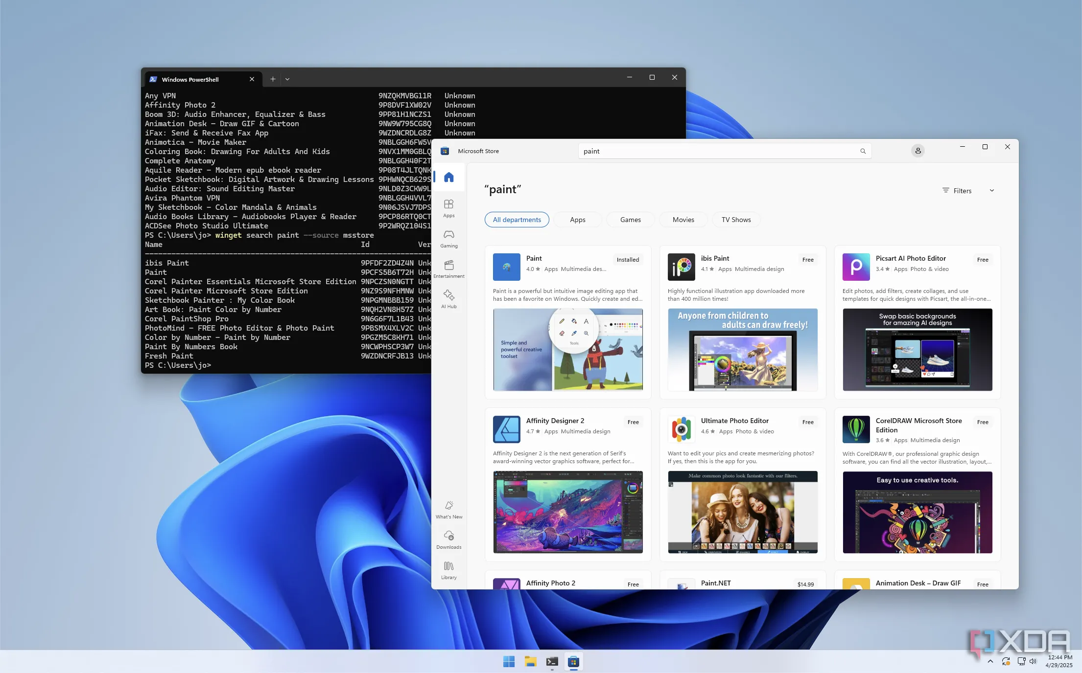Giao diện Windows 11 minh họa sự tích hợp giữa Winget và Microsoft Store trong việc quản lý ứng dụng