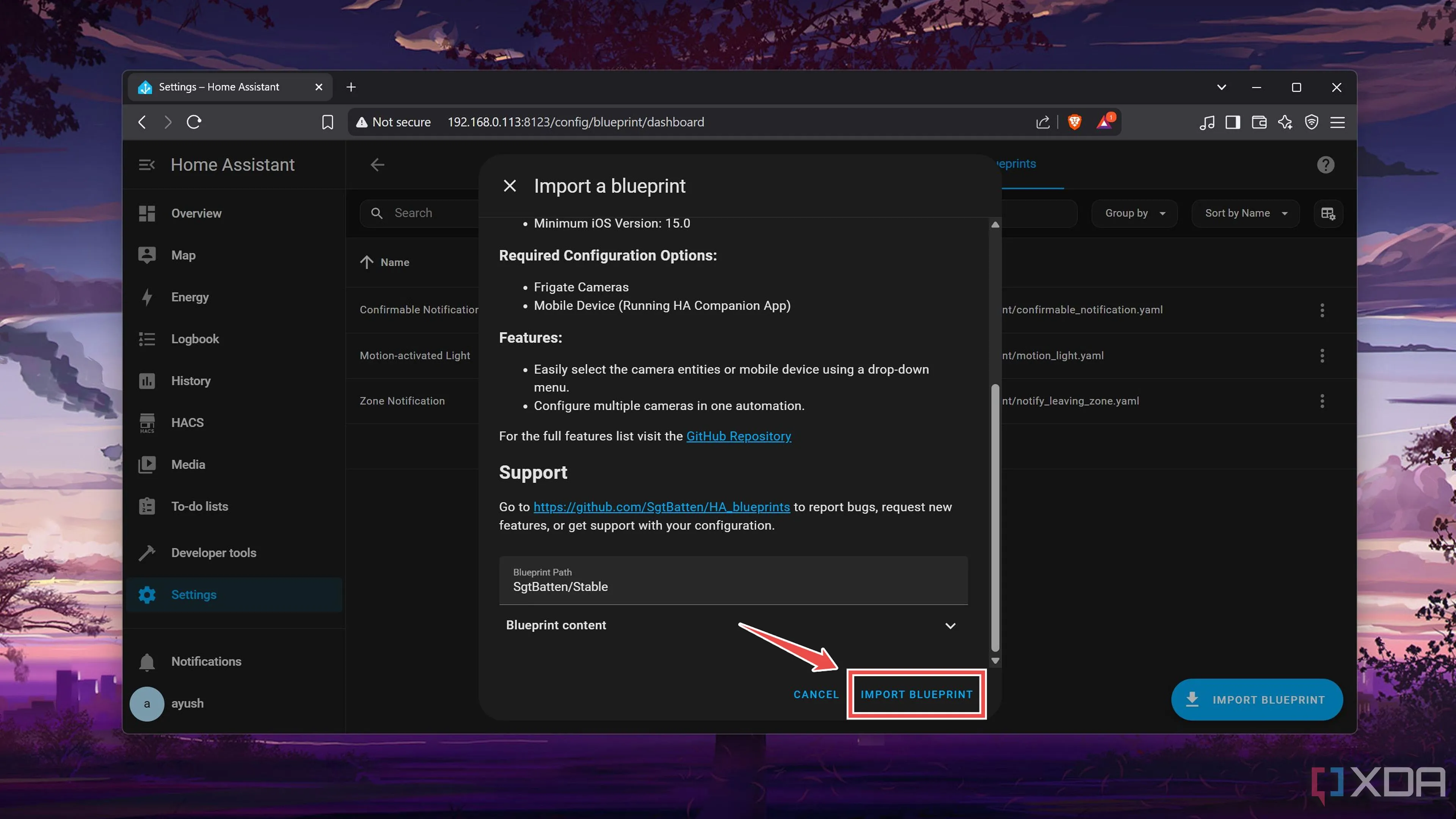 Giao diện xem trước blueprint Frigate Notification, xác nhận &quot;Import Blueprint&quot; vào Home Assistant.