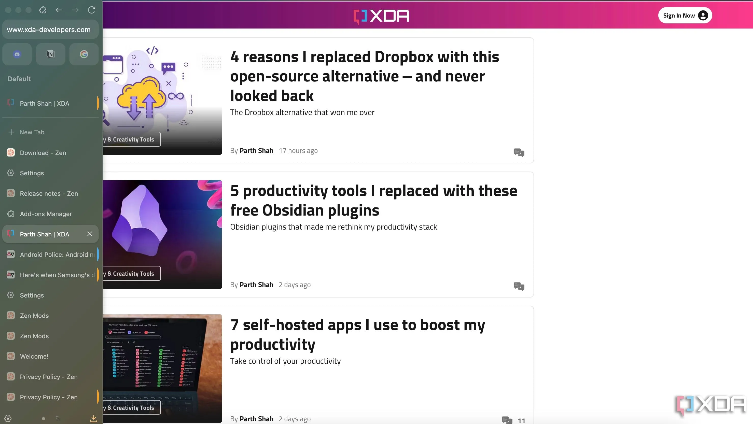 Giao diện Zen Browser với thanh sidebar màu gradient và các biểu tượng tab được sắp xếp gọn gàng