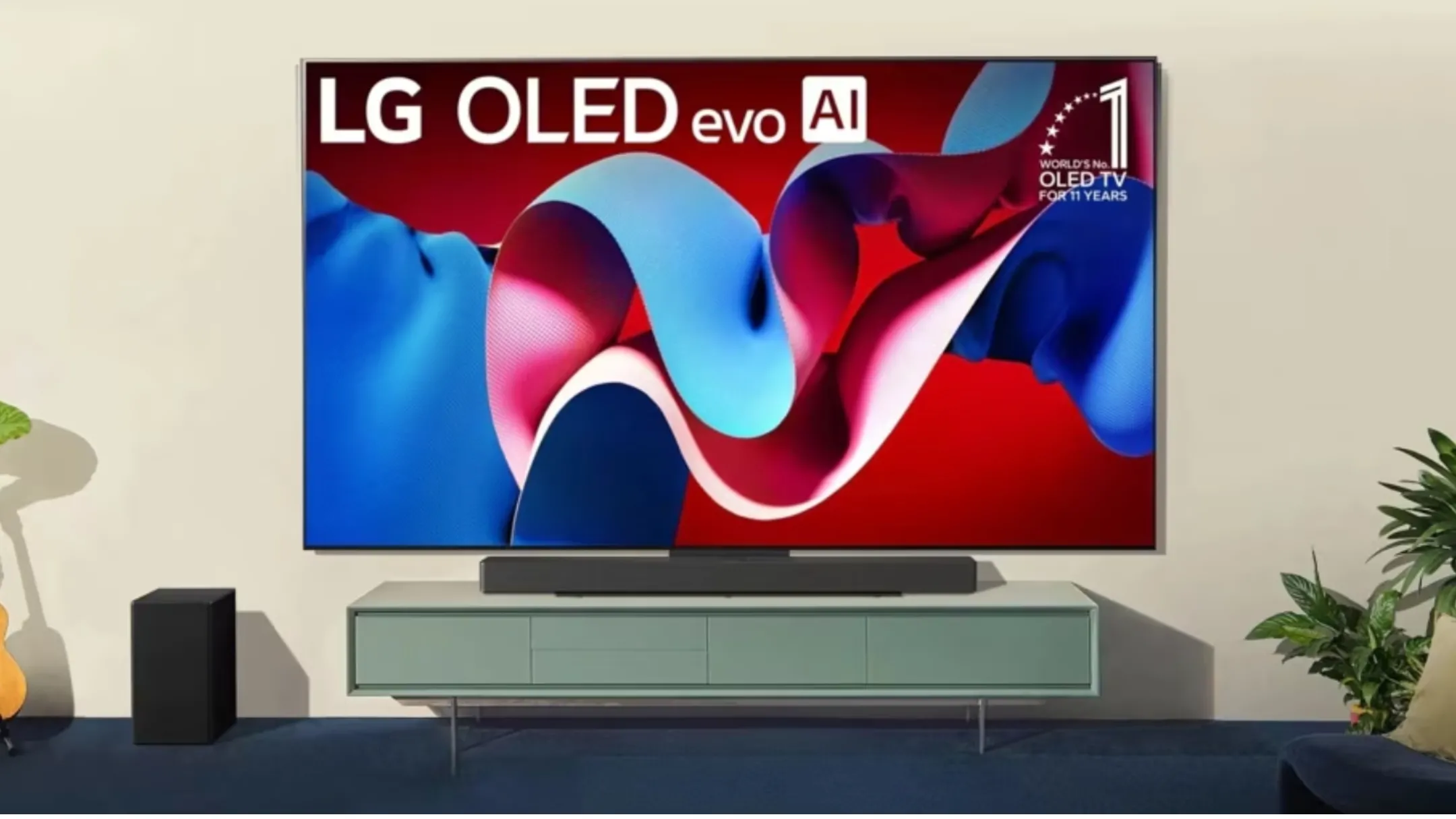 Góc nhìn cận cảnh TV LG C4 với màn hình OLED rực rỡ và chân đế tối giản